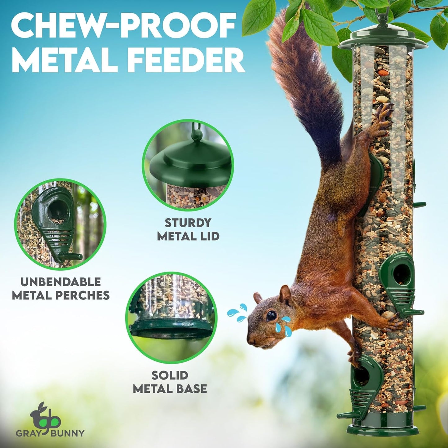 Bird Feeders for Outdoors (Green) Squirrel Proof Hanging Bird Feeder with Locking Lid & Adjustable Hanger, Chew-Proof, Weather Resistant 15 Inches 6 Port