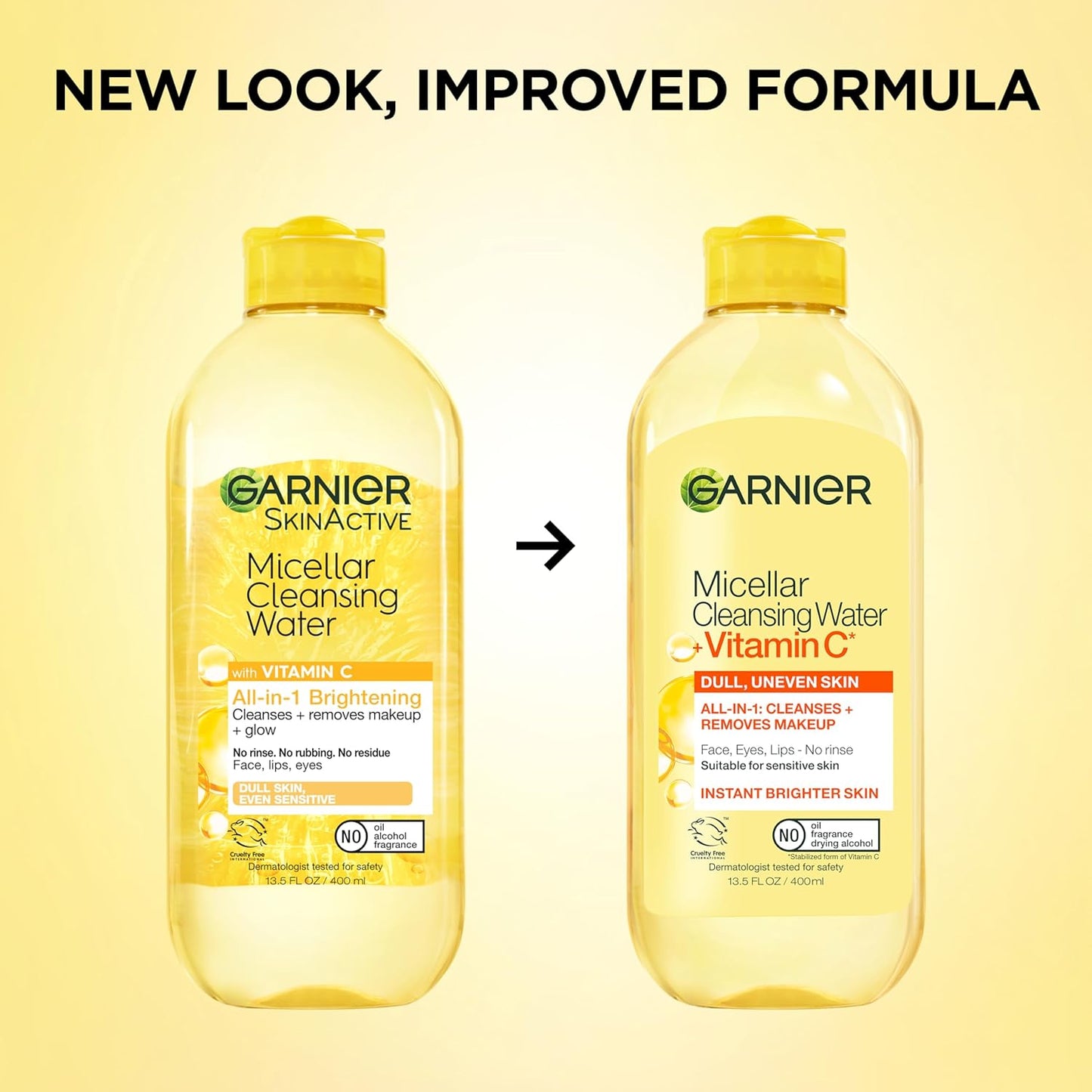 Garnier Micellar Water with Vitamin C, Facial Cleanser & Makeup Remover, Brightening & Hydrating, For All Skin Types, Vegan, Cruelty Free, 13.5 Fl Oz (400mL), 1 Count