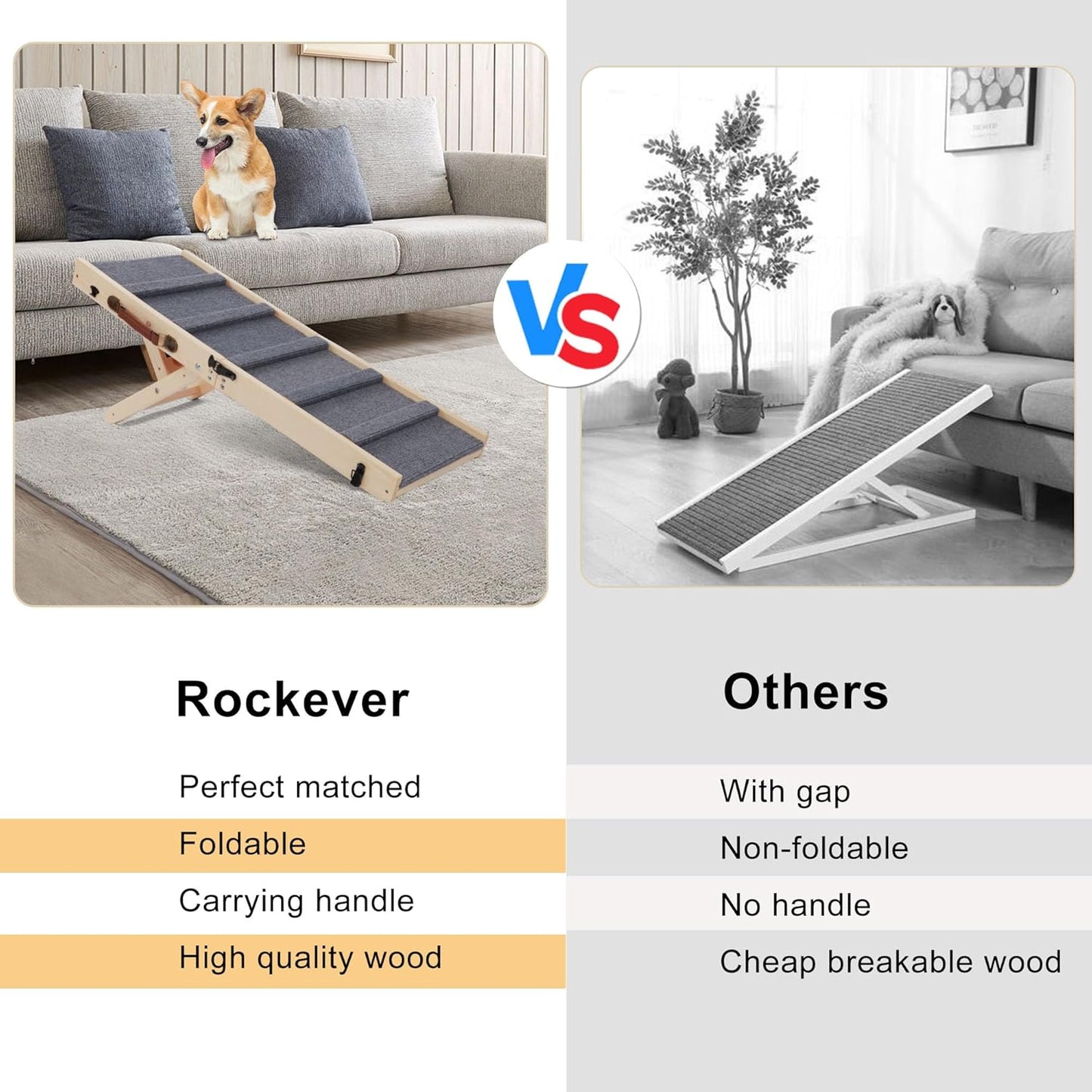 Rockever Dog Ramp, Folding Dog Ramp, Wooden Non-Slip Dog ramp for Couch for Small Medium Old Dogs, Adjustable from 11" to 14" 3 Levels Pet Ramp for Couch, Bed, Car