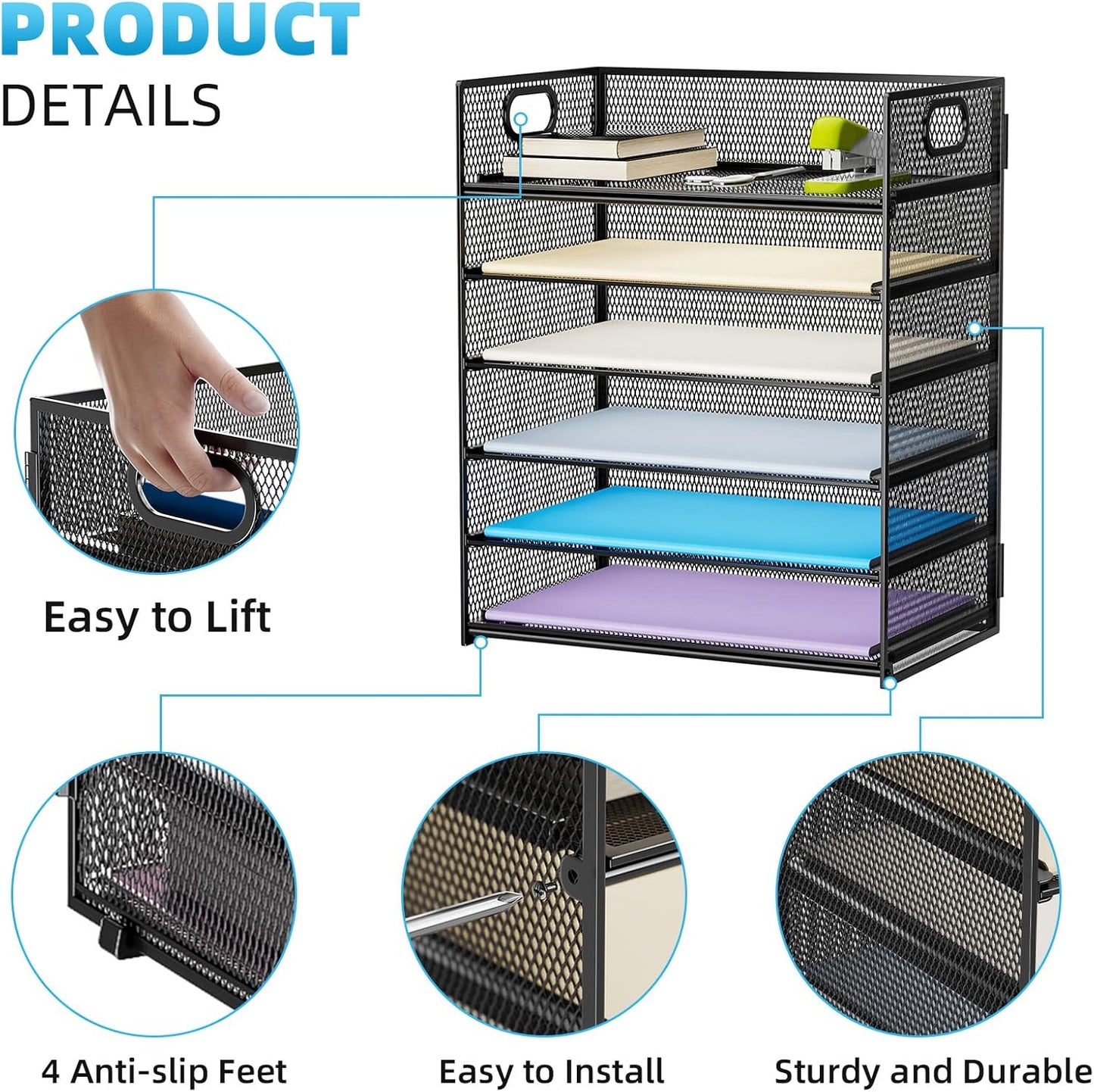 Marbrasse 6 Tier Paper Organizer Letter Tray - Mesh Desk File Organizer with Handle, Paper Sorter Organizer for Letter/A4 Office File Folder Holder - Black