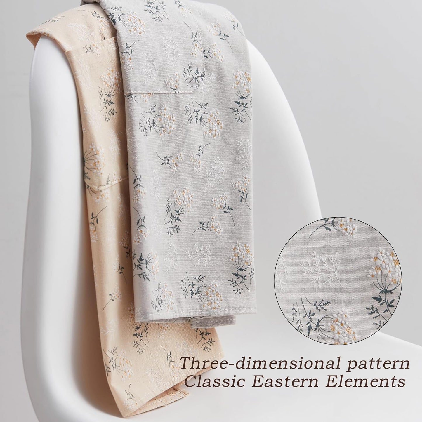 Aprons for Women with Pockets, Japanese Linen Kitchen Apron, Adjustable Lightweight Breathable Embossed Fabric, Cooking Baking Gardening Craft Apron, Vintage Floral Style