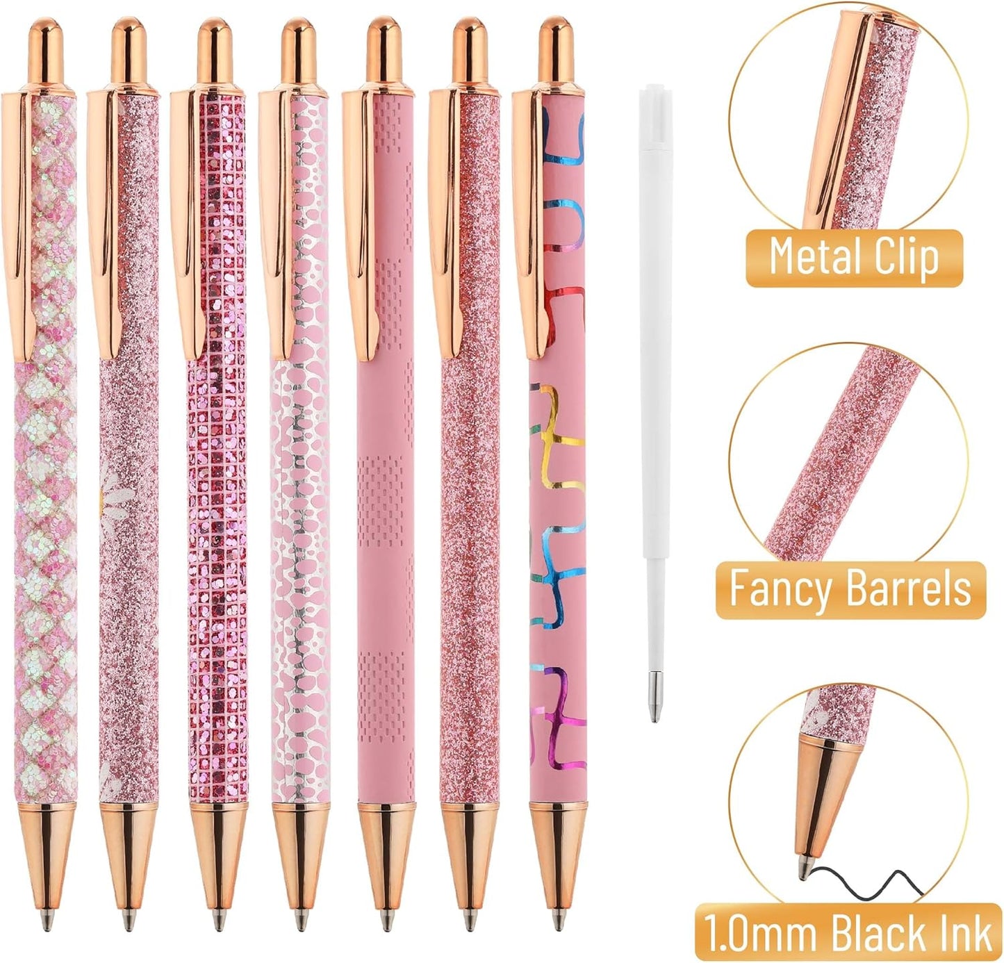 Mr. Pen- Fancy Pens for Women, Pink Paradise, 7 Black Ink Ballpoint Pens with 10 Refills, 1.0mm, Cute Pens for Journaling, Mother's Day