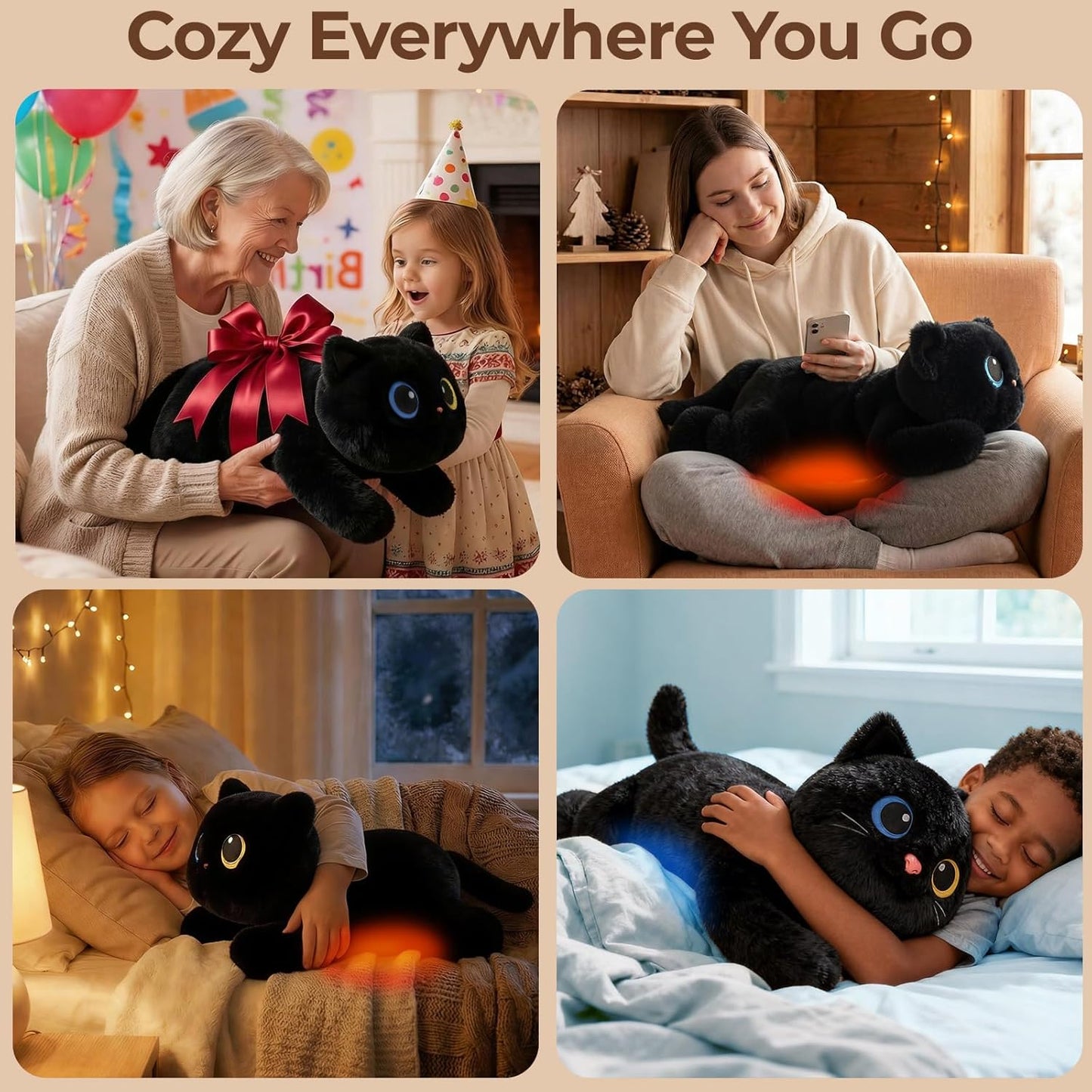 Mewaii Weighted Stuffed Animals 5 lbs Adjustable, Heated & Coolable 23 Inch Plush for Realistic Hug, Microwavable Removable Inner Pad, Cat Gifts for Adults & Kids (Black)