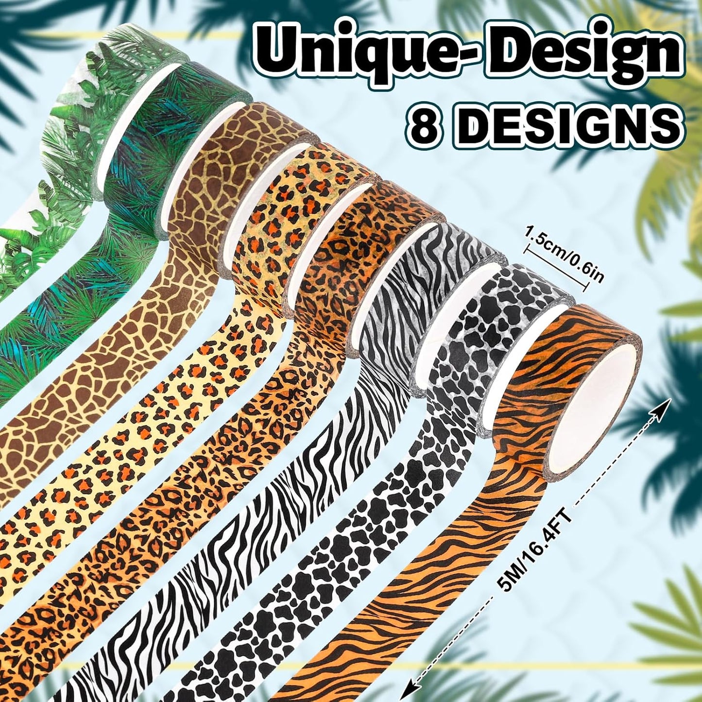 Whaline 8 Rolls Animal Prints Washi Tape Safari Decorative Masking Tape Set Leopard Zebra Tiger Giraffe Greenery Wrapping Paper Tape for Scrapbook Journal DIY Art Crafts