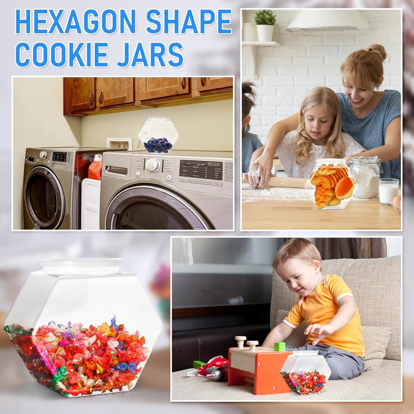 Uiifan 1 Piece Plastic Candy Jar with Lid Clear Fish Bowls Cookie Jar Hexagonal Containers for Snacks, Dog Food, Desk Pet, Craft and Sewing Supplies, Coffee Pod, Laundry Pod Storage Display(70 oz)