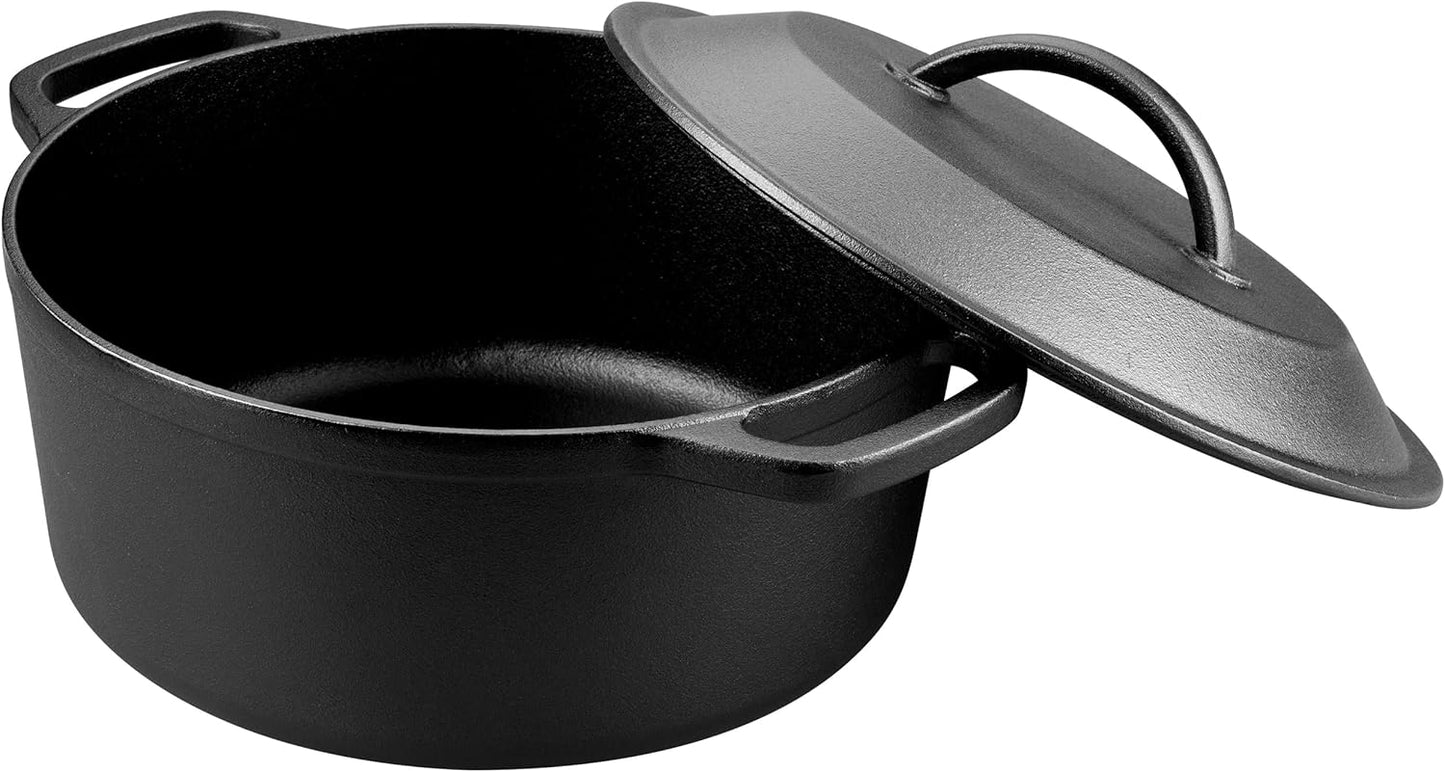 Pre-Seasoned Cast Iron Dutch Oven with Lid, Round and Dual Handles, for Stovetop, Camping, Grill, Induction, Electric, Black, 3 qt