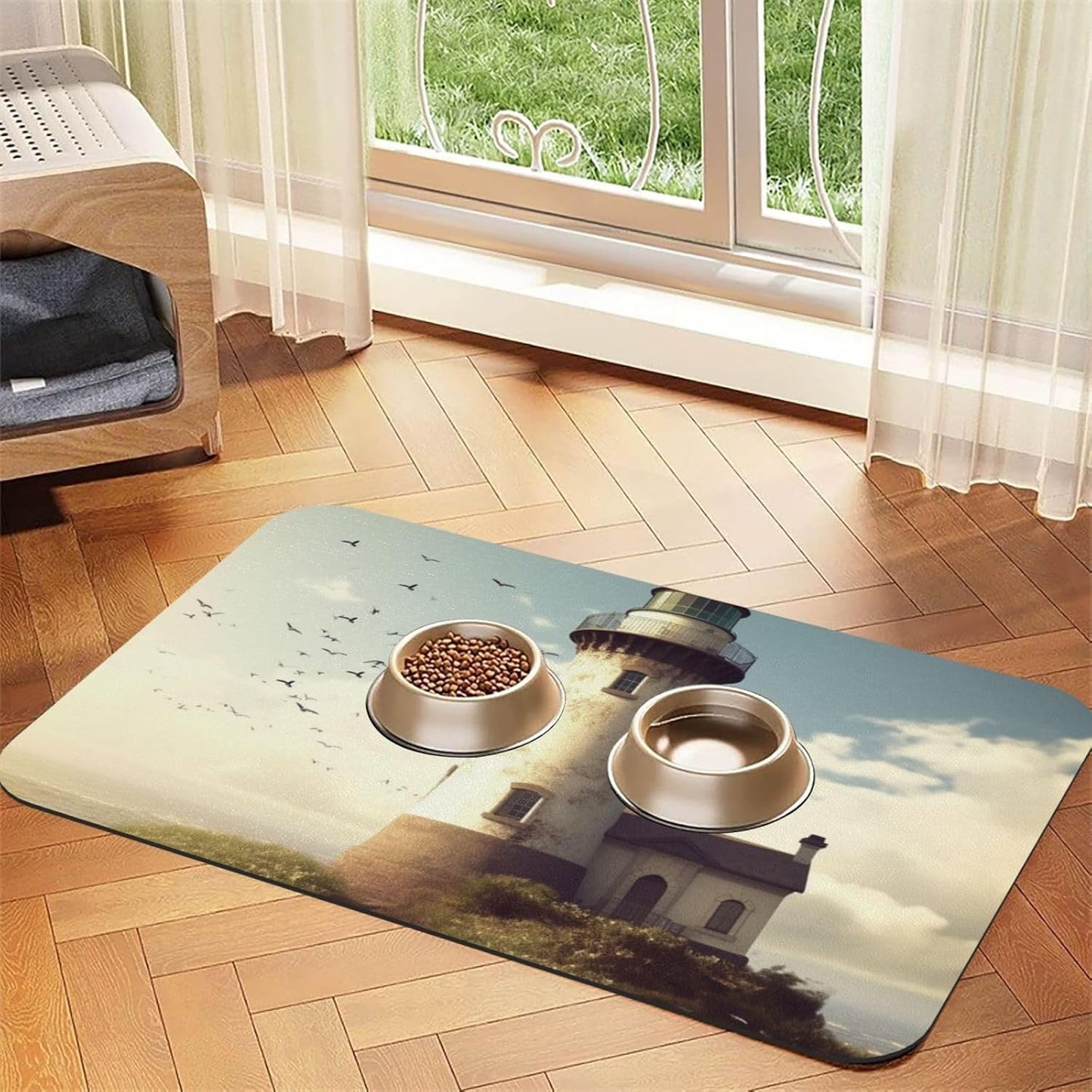 Old Lighthouse Pet Feeding Mat 40x60cm Absorbent Leather Dog Cat Food Mats Non-Slip Dog Bowl Mats for Food and Water, Quick Dry Pets Placemats for Cats and Dogs Water Bowl