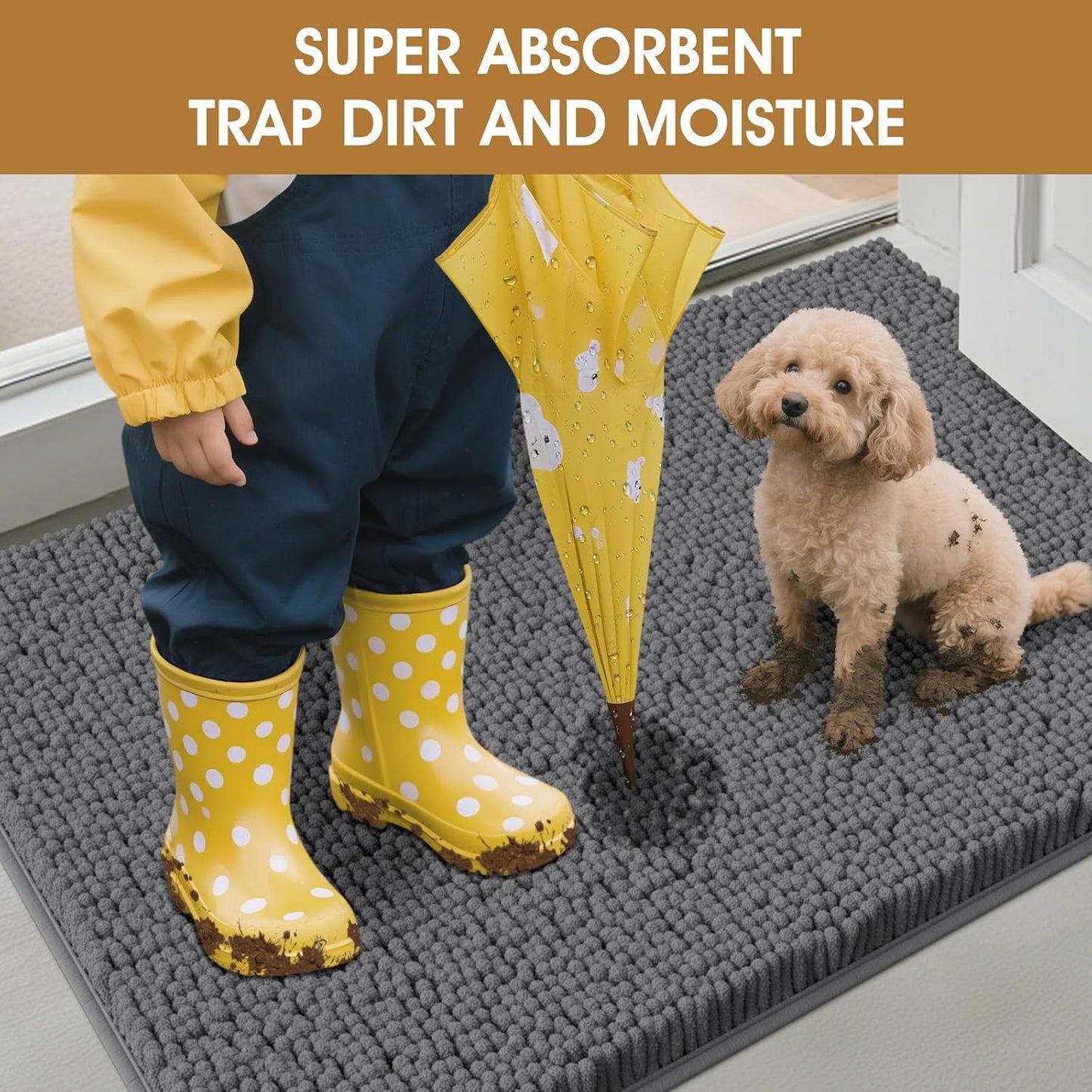 IM HOME Dog Door Mats for Muddy Paws, 30" X 20" Chenille Absorbent Doormat, Non Slip Heavy Dog Rugs for Muddy Paws, Soft Indoor Door Mat for Entryway, Mud Paw, Inside Floor, Grey