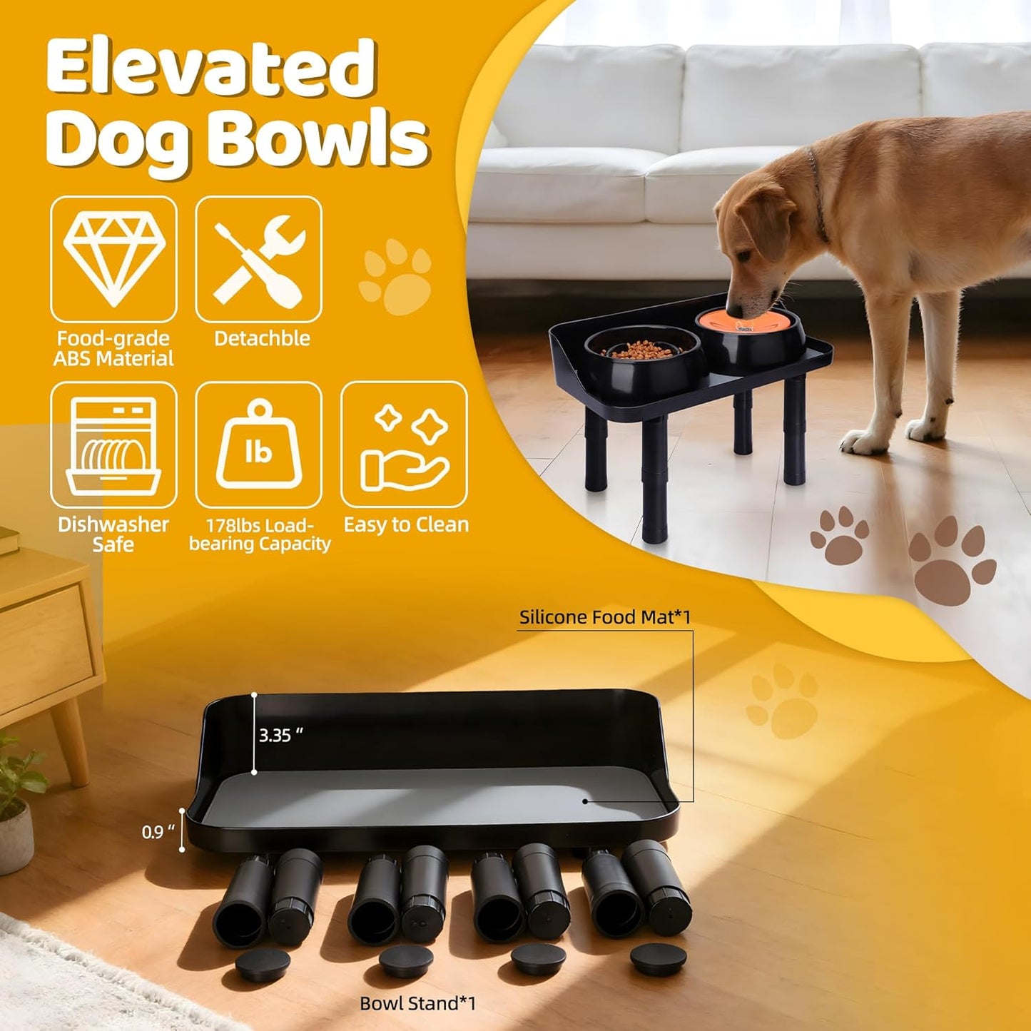 Dog Food Bowls Elevated, 3 Heights ((0.9''/4.7''/8.45'') Adjustable Raised Dog Bowl Stand with 16.73''W Splash Guard & Non-Skid Feet for Small Medium Large Dogs, No Bowl Included