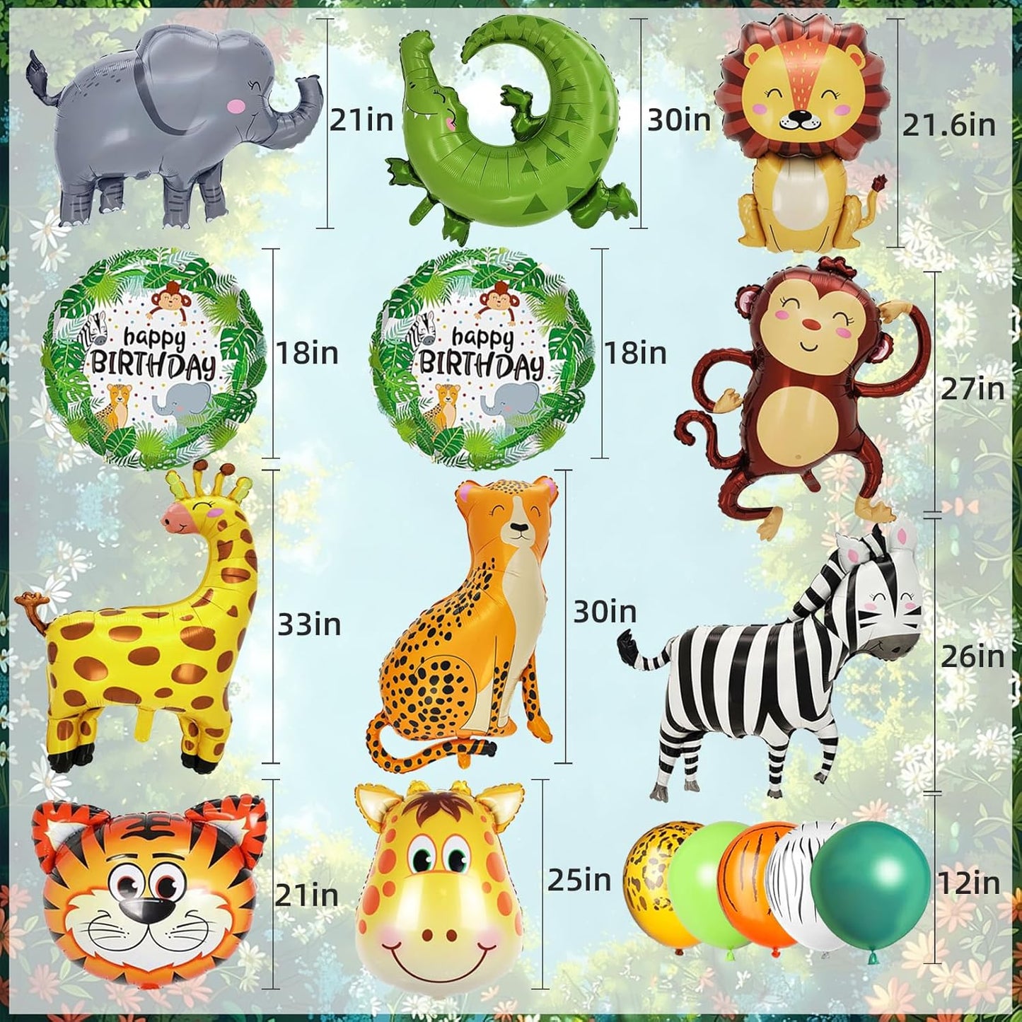 40 PCS Safari Jungle Animal Balloons Wild One Birthday Decorations Various Jungle Animal Balloons Monkey Elephant Zebra Leopard for Kids Safari Baby Shower Decorations