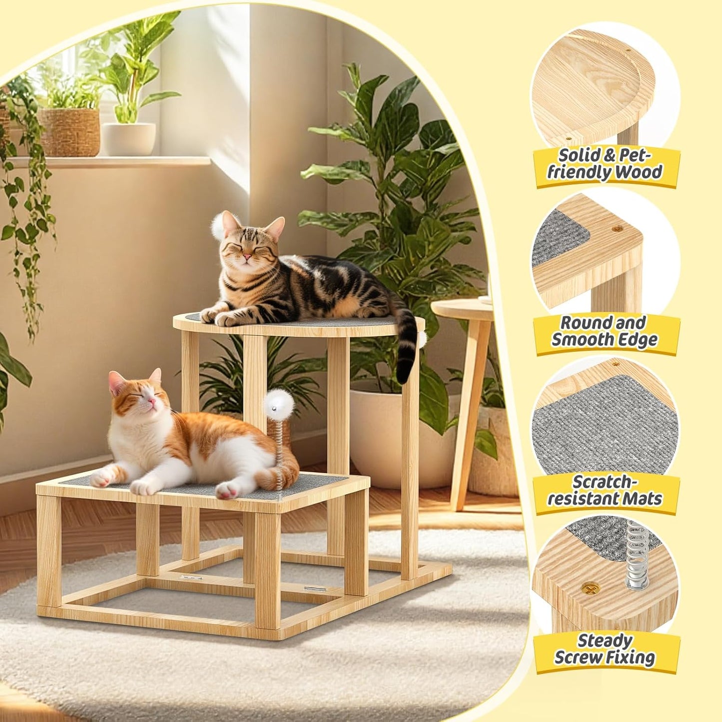 Pawaboo 16.9in Cat Tree Tower, 2-Level Cat Scratch Post with Scratching Mats, Cats Teasers & Hanging Ball, Cats Tree for Indoor Kittens, Natural Wooden Scratcher Beds & Furniture for Kitties