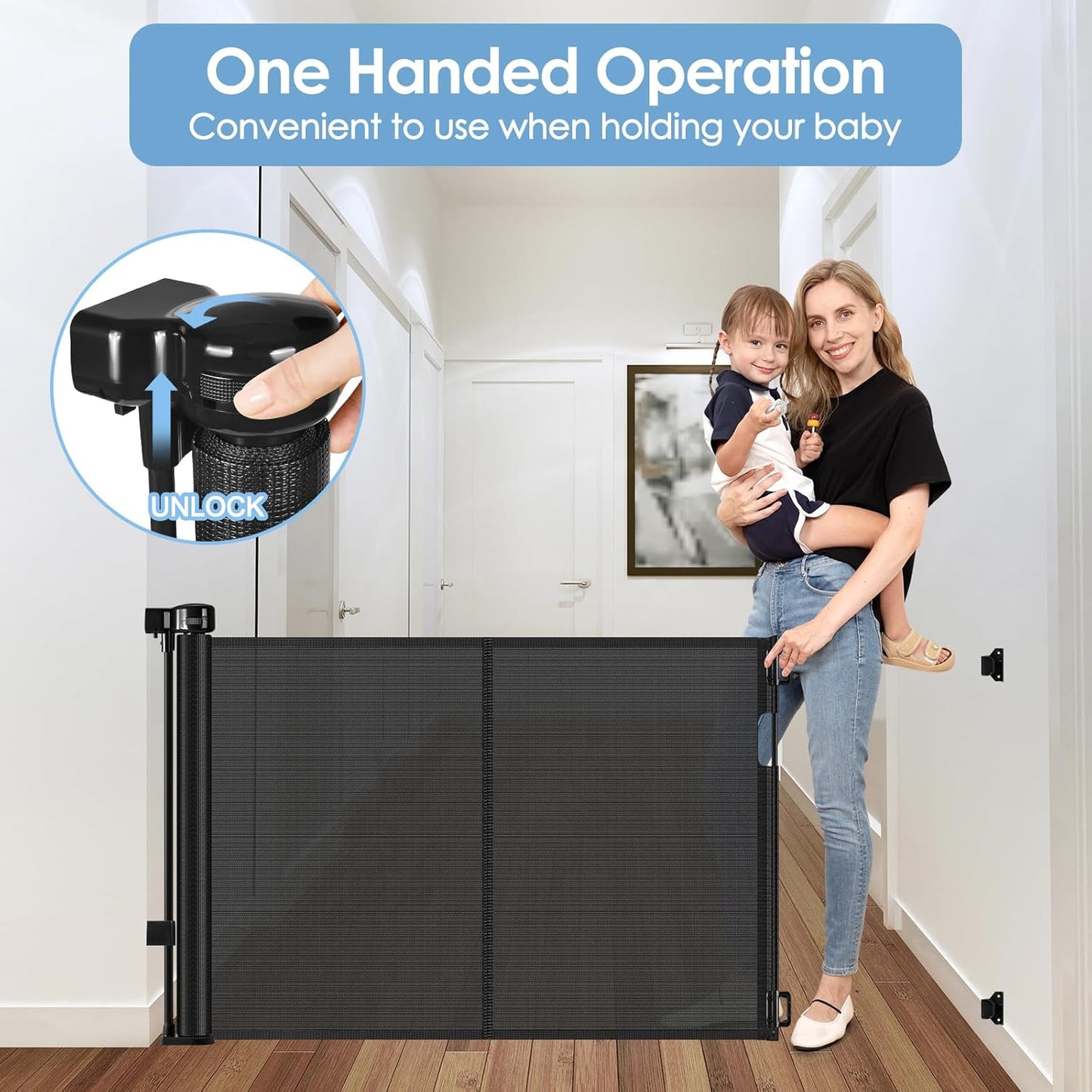 Reinforced Retractable Baby Gates with Support Rods, Extends up to 55” Wide, Retractable Dog Gate for Doorways Prevent Bottom Crawling Through, Mesh Pet Gate for Stairs Indoor Outdoor, Black