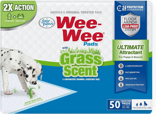 Four Paws Wee-Wee Ultimate Attractant Dog Pee Pads for Instinctive Training, Leak-Proof Floor Protection Dog & Puppy Quilted Potty Training Pads, Grass Scent, 22" x 23" (50 Count)