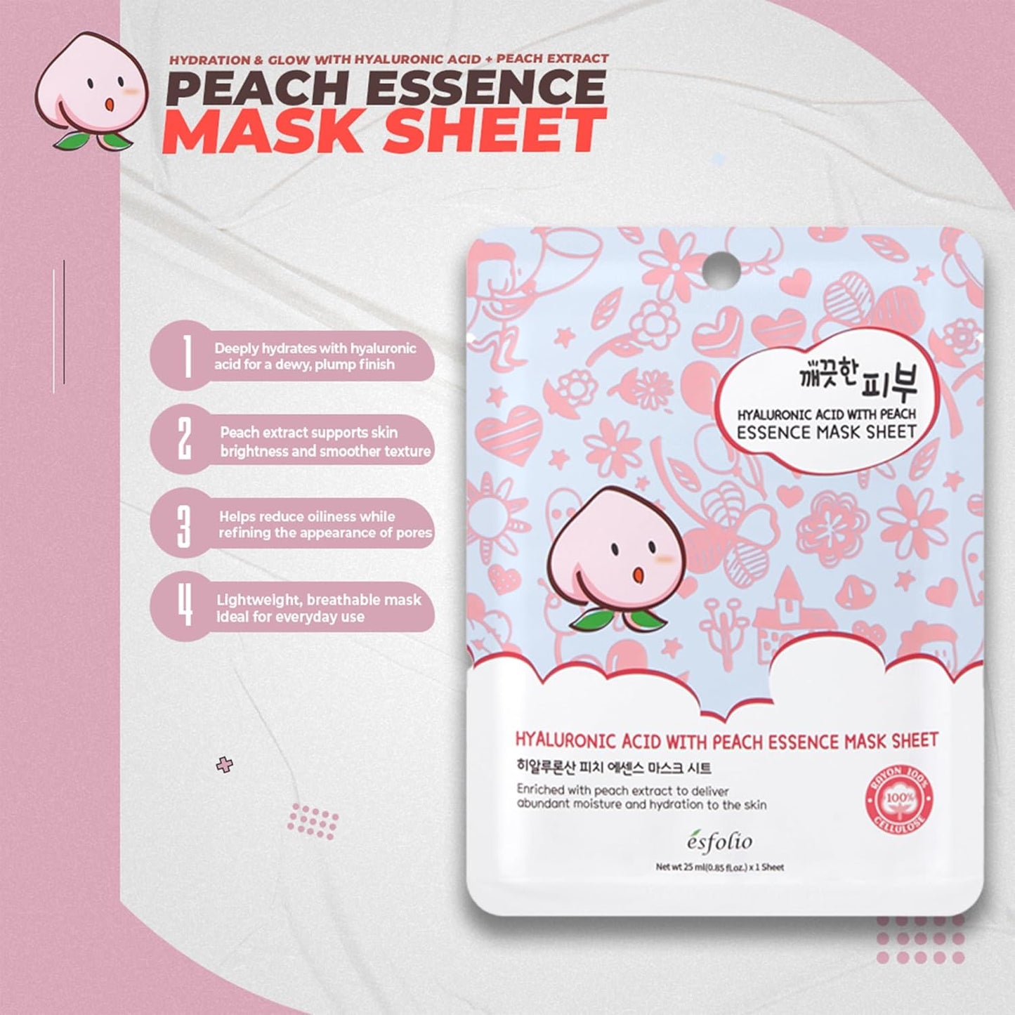 esfolio Pure Skin Hyaluronic Acid with Peach Essence Face Mask Sheet - Hydrating Korean Face Mask for Dark Spots, Pore Care, Oil Control and Improves Skin with Moisturizing and Soothing (Pack of 10)