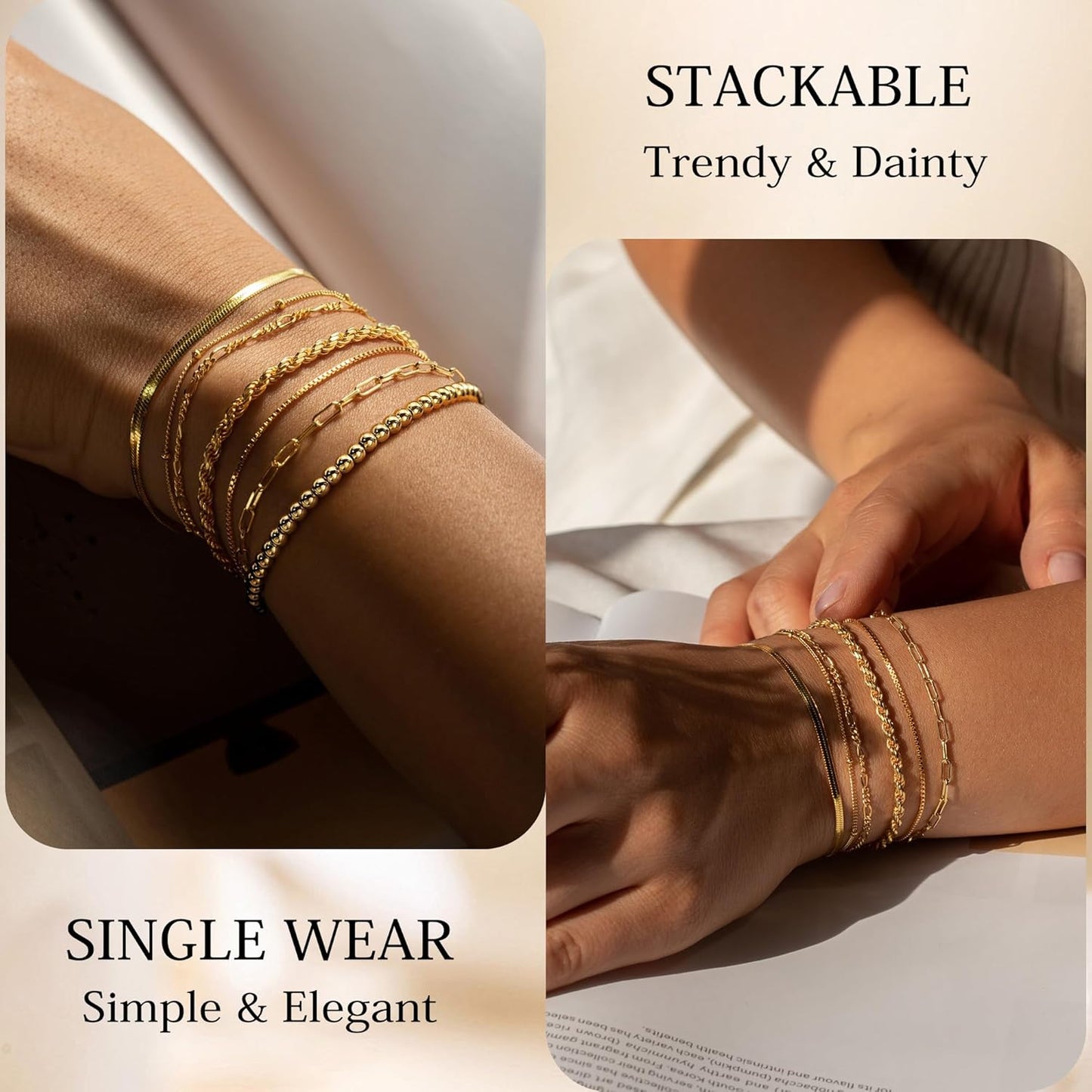 M MOOHAM Gold Bracelets for Women - 14K Real Gold Plated Beaded Bracelets Set Rope Paperclip Chain Stackable Bracelet Non Tarnish, Friendship Birthday Jewelry Gifts for Women Teen