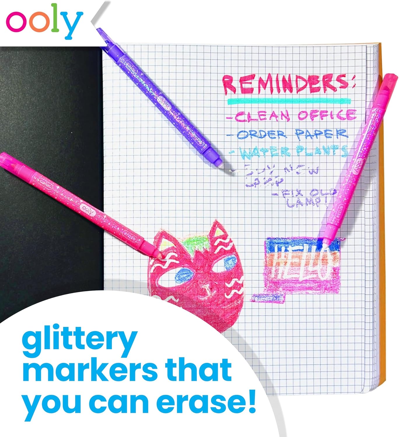 Ooly Make No Mistake Glittery Erasable Markers, 12 Stress and Mess Free Sparkle Markers You Can Erase, Colorful Supplies for Any Arts & Crafts