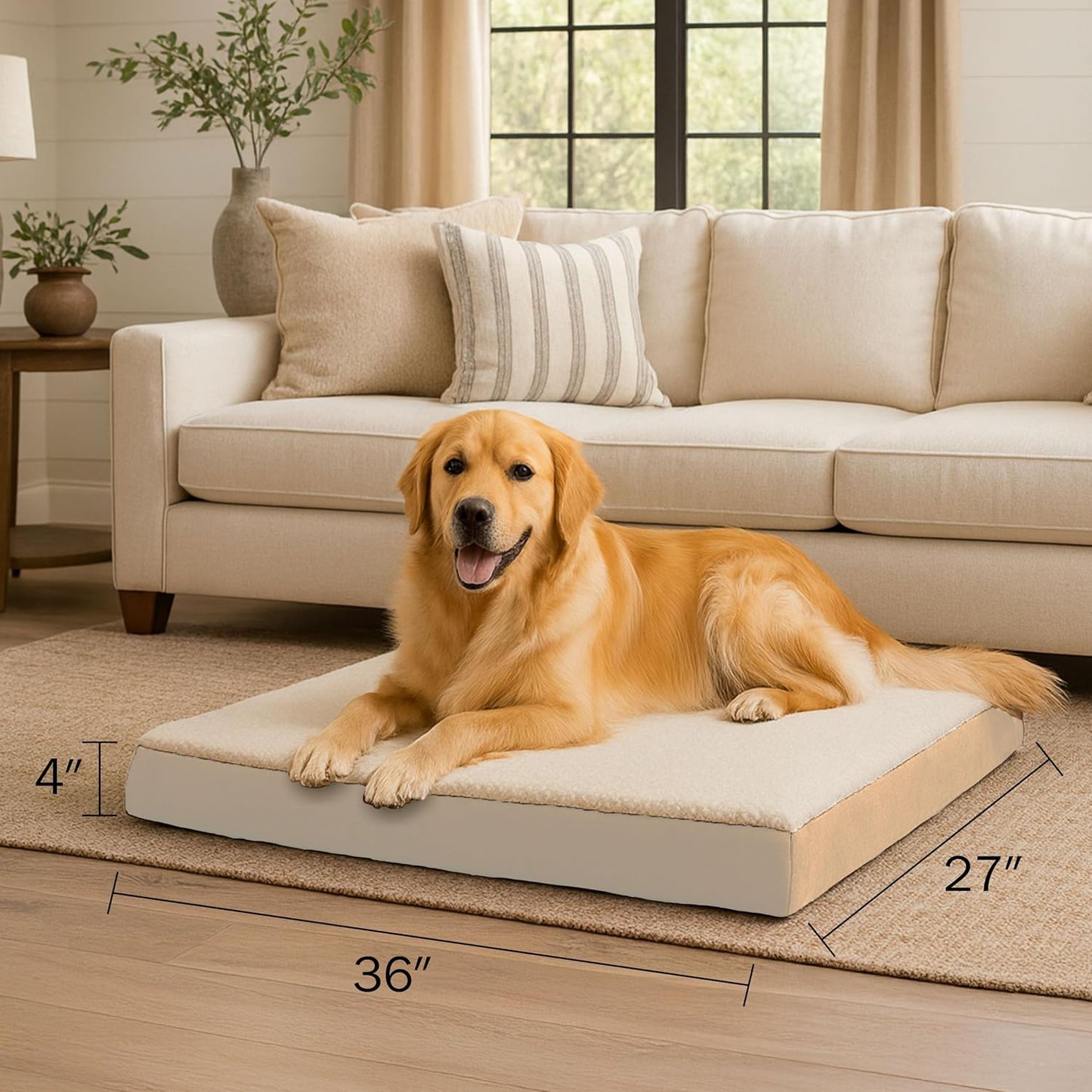PETMAKER Orthopedic Dog Bed - 2-Layer Memory Foam Bed with Machine Washable Sherpa Top Cover - 36x27 Mattress for Large Dogs up to 65lbs (Tan)