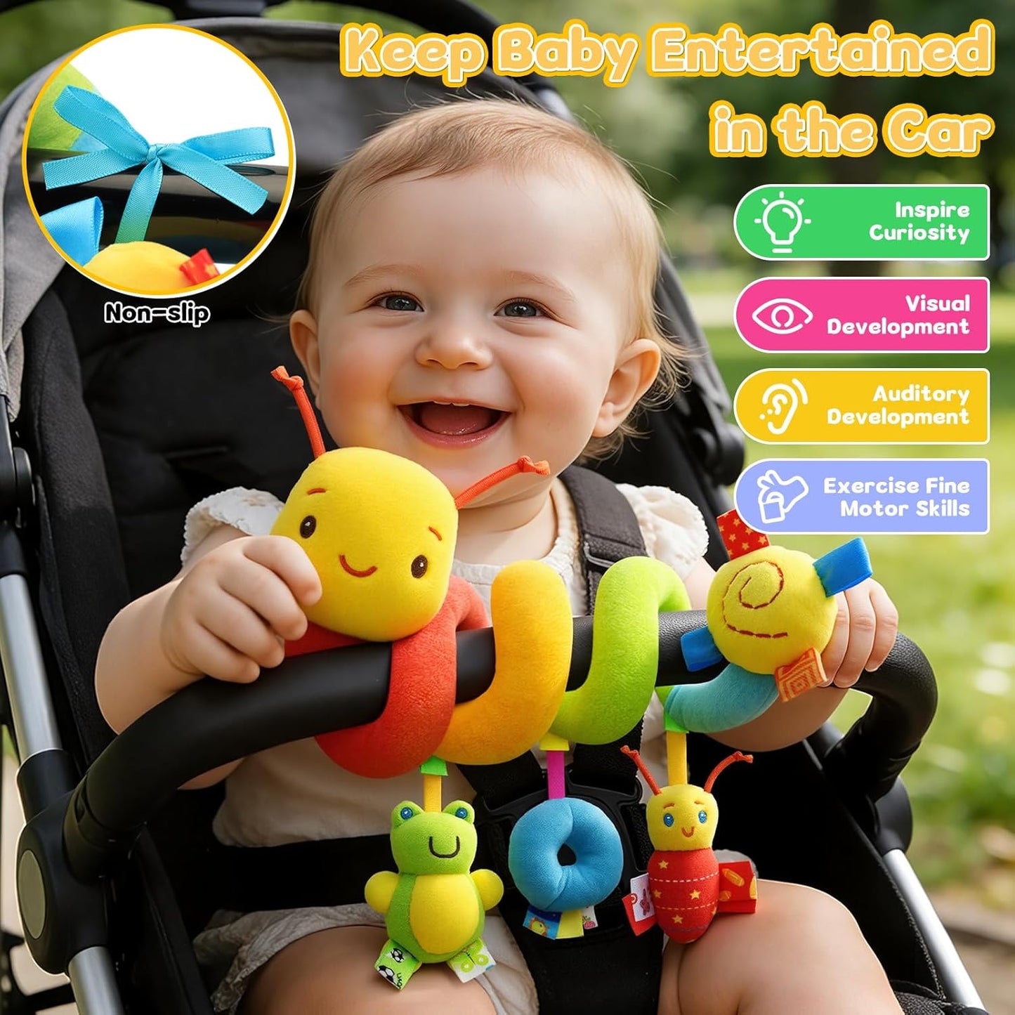 FPVERA Baby Crib Hanging Rattles Toys - Infant Baby Car Seat Around Rattle Toys Cartoon Insect Spiral Hanging Toy with Ringing Bell for Infants Bed Stroller Car Seat Bar for Babies Boys and Girls