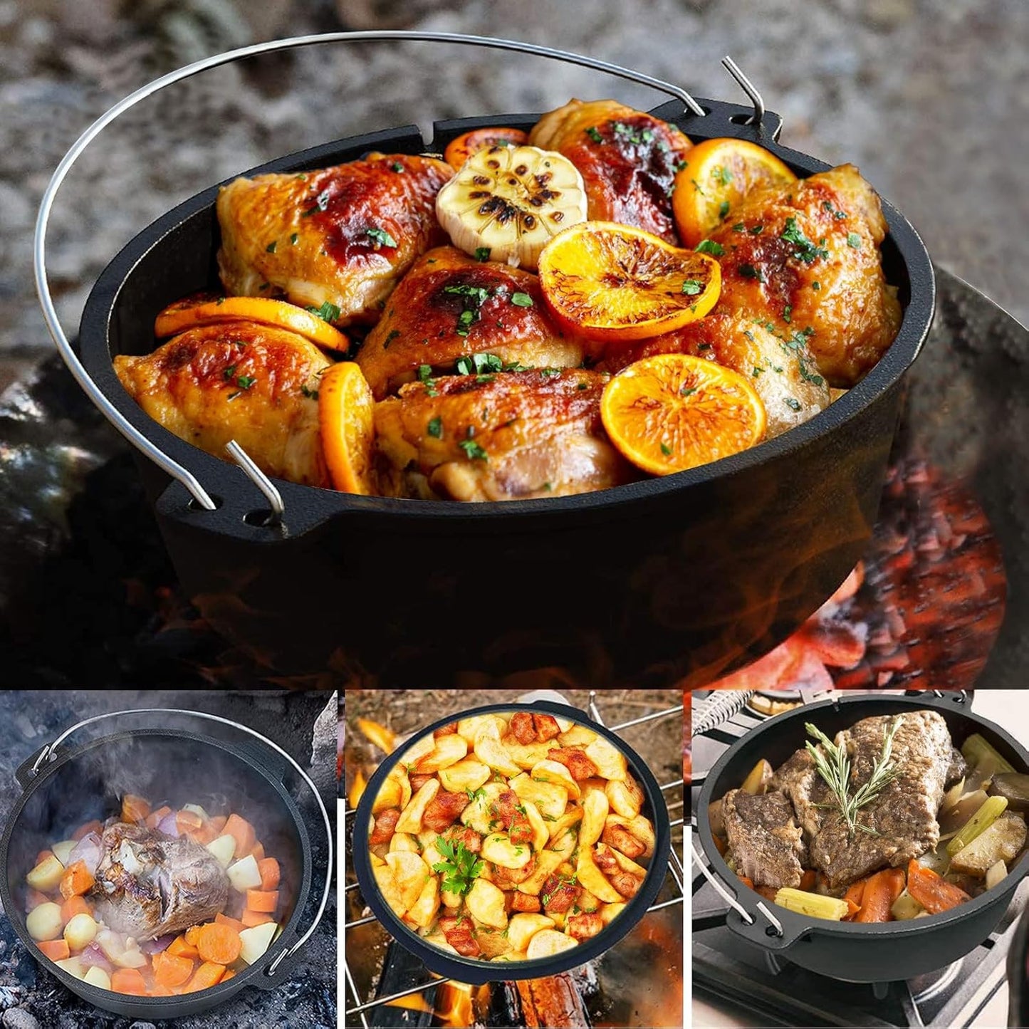 Camping Dutch Oven,12 Qt Pre-Seasoned Cast Iron Camp Dutch Oven Pot with Lid - Lid Lifter, Cast Iron Dutch Oven with Metal Handle for Cooking BBQ Baking Campfire Modern Black