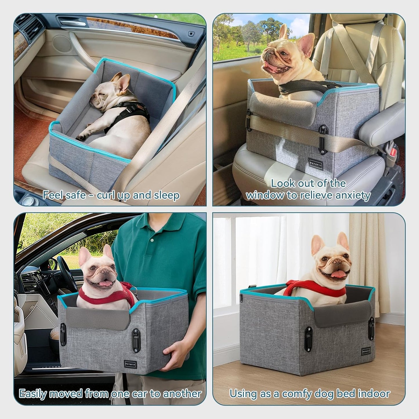 PETSFIT Dog Car Seats for Small Dogs – Patented Safety Buckles – Safety Tether – Foldable Travel Dog Booster Car Seat Reduces Anxiety & Road Trips – Stable Frame, Soft Cushion, Fits Front/Back Seat