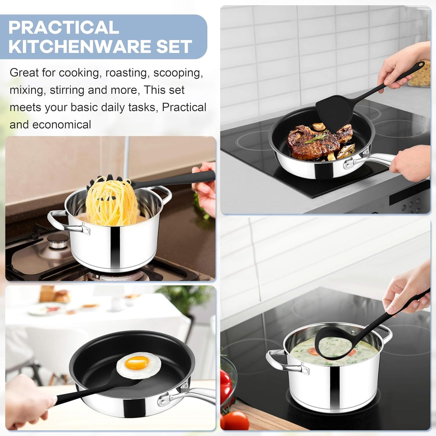 TeamFar 8 PCS Silicone Cooking Utensils - 446°F Heat Resistant Kitchen Silicon Utensils Set, Turner, Spatula, Spoon, Whisk, Kitchen Cooking Gadgets Tools for Nonstick Cookware, Dishwasher Safe-Black