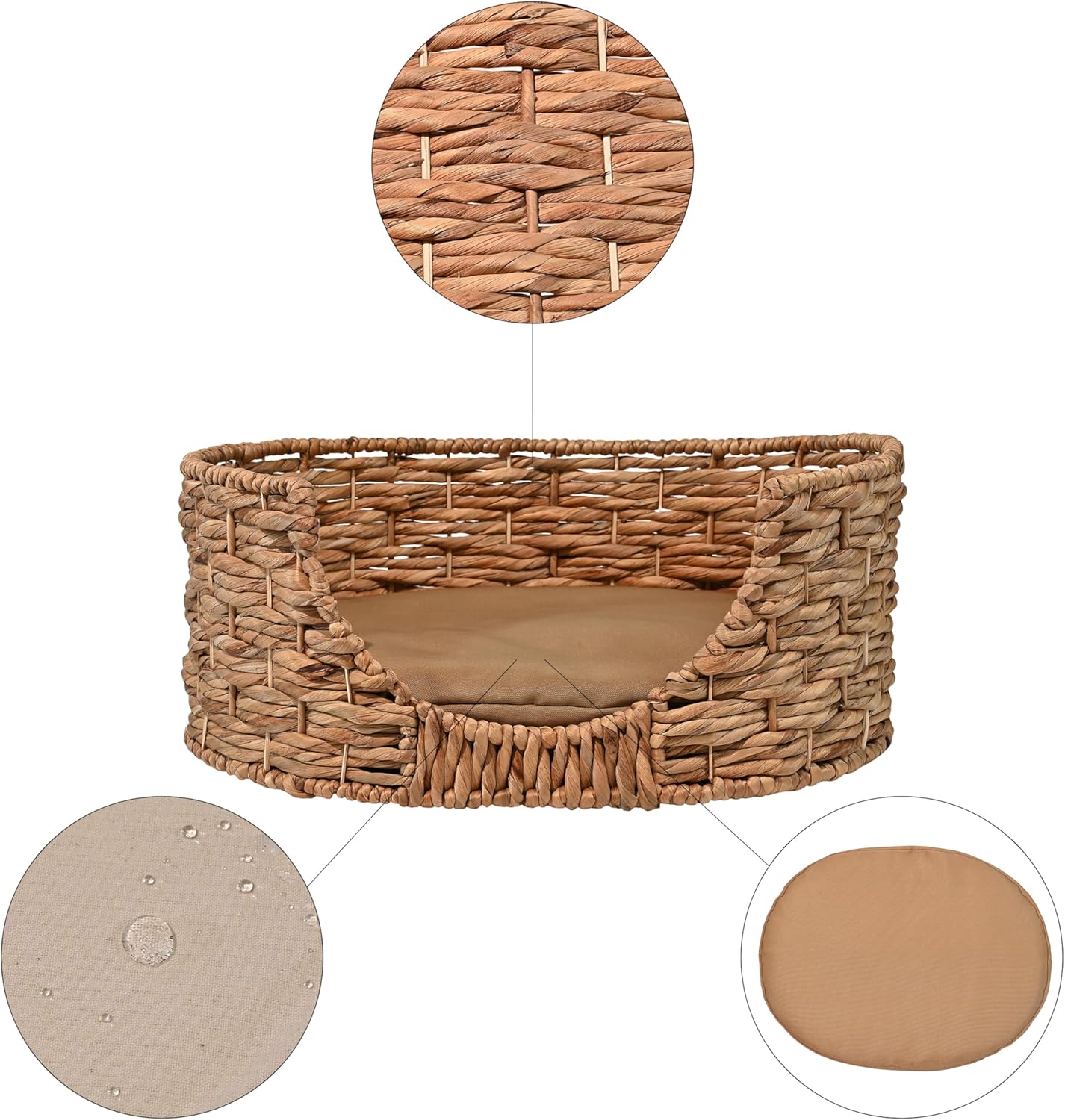 DBD4001A Perri 24" x 18" Classic Farmhouse Handwoven Hyacinth Oval Pet Bed with Machine-Washable Cushion, Natural