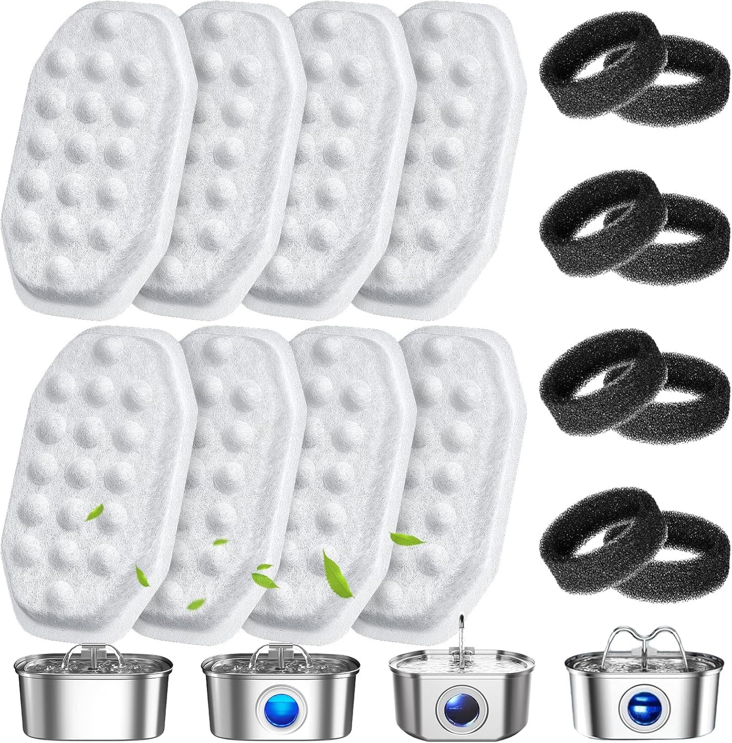 16 Pack Cat Water Fountain Filters Replacement & Pre-Filter Sponges for 108oz/3.2 Stainless Steel Pet Water Fountain with Water Level Window