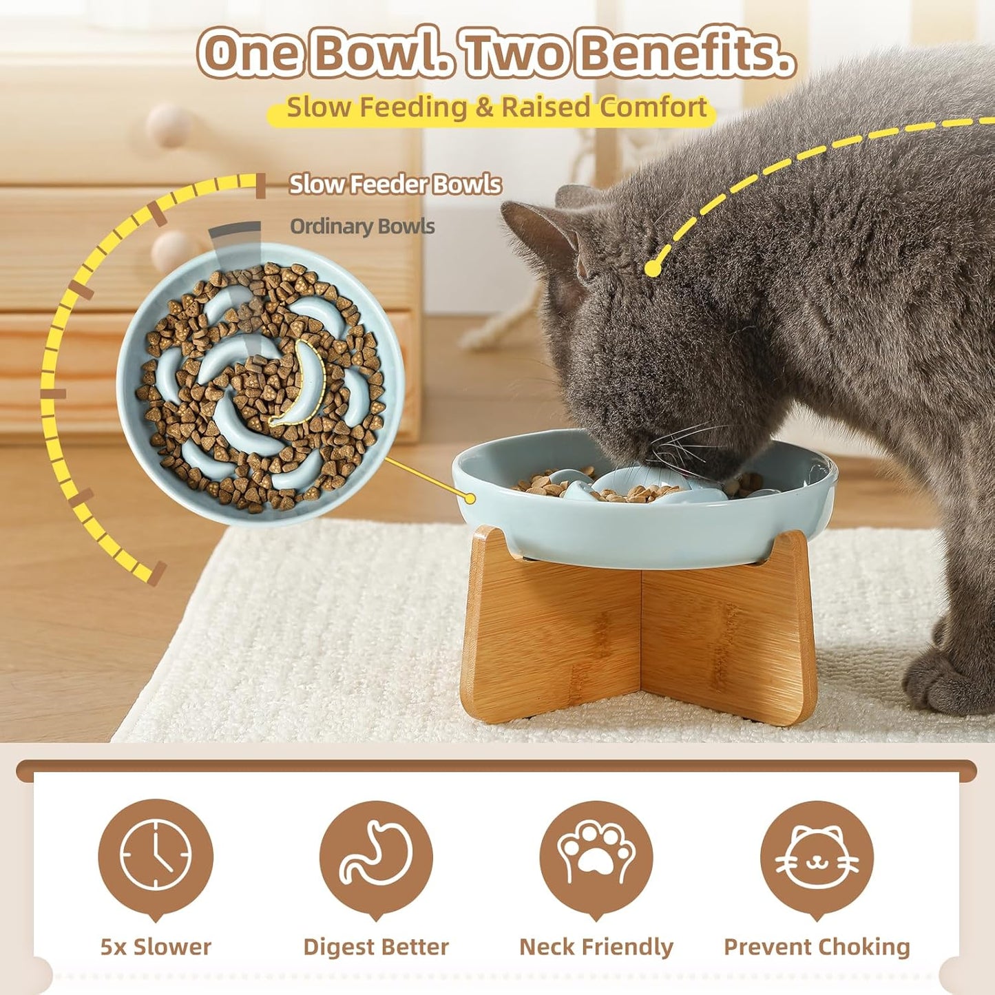 Elevated Slow Feeder Cat Bowl - Ceramic Cat Food Dish with Anti-Slip Bamboo Stand - Whisker Friendly Feeding Bowl - Raised Maze Plate for Slow Down Eating - Ivory White