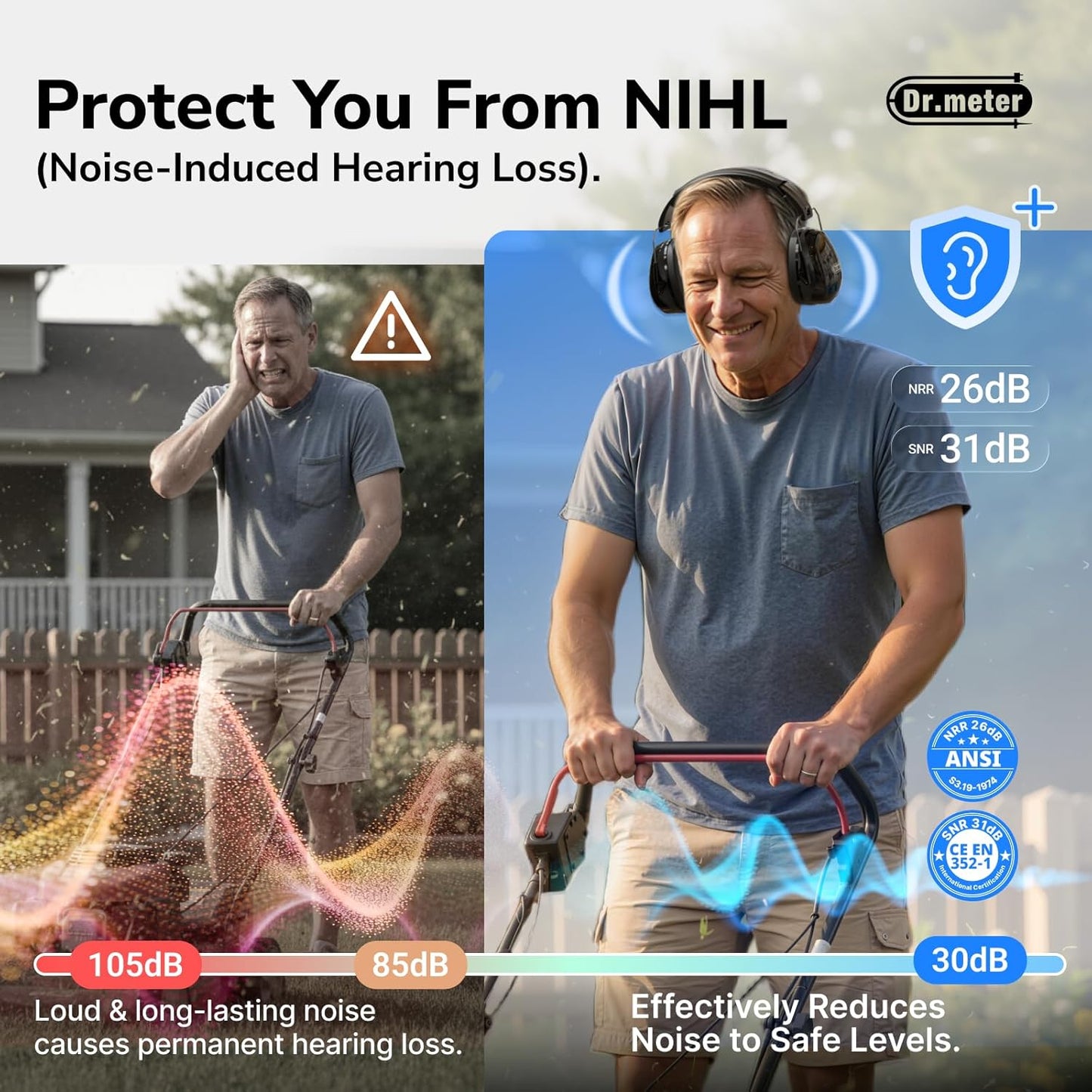 Hearing Protection Ear Muffs, 31dB Noise Reduction Safety Earmuffs with Adjustable Headband for Adults Kids Autism Sensory, Ear Muff for Yard Work, Mowing or Hunting -Pure Black 2PACK