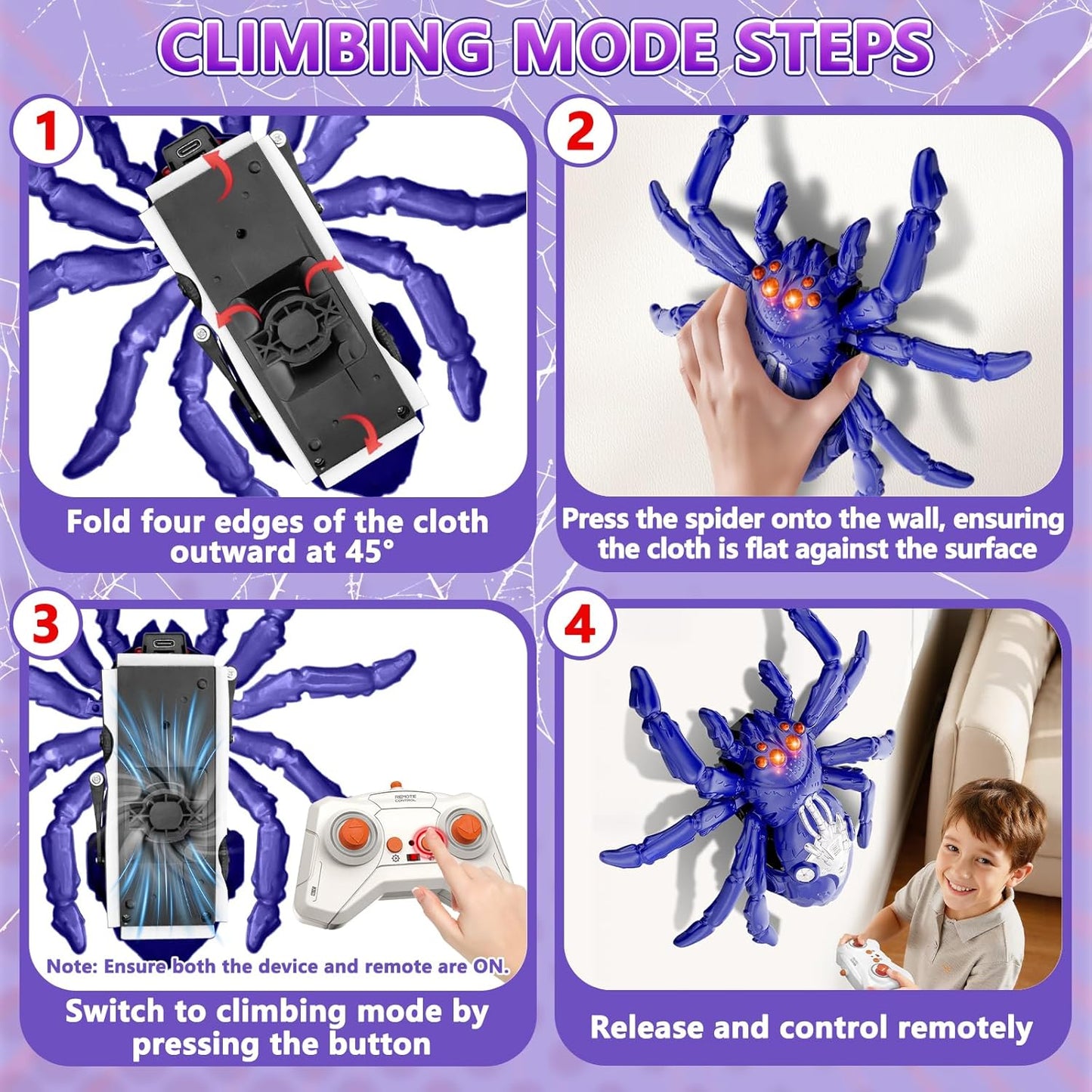 Wall Crawler Spider, Rechargeable Remote Control Robot Kids Toys, 360° Rotating RC Wall Climbing Spider with LED Eyes Toys for Boys Girls Ages 3 & Up, Birthday Gifts for 3-12 Year Old Boys