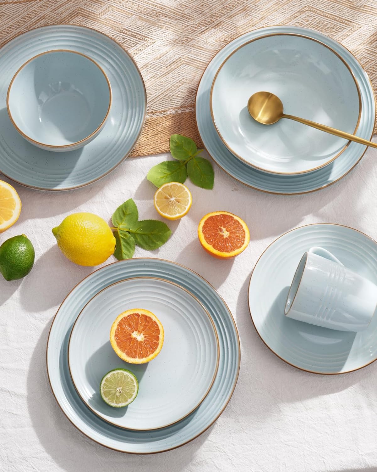 Famiware Jupiter Stoneware Dinnerware Sets, Handcrafted Plates and Bowls with Embossed Swirl & Speckles, Blue - Chip & Scratch Resistant, Dishwasher Microwave Safe Minimalist Dishes for 8 (24-Piece)