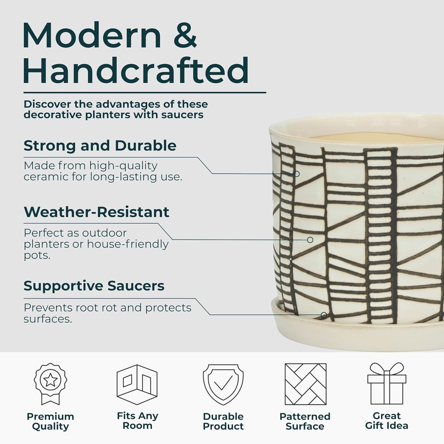 Set of 2 Geometric Decorative Ceramic Planter Pots with Saucer – Stoneware Outdoor & Indoor Plant Pots with Drainage – Modern Garden & Home Decor Ceramic Planters – 6" & 8", Ivory