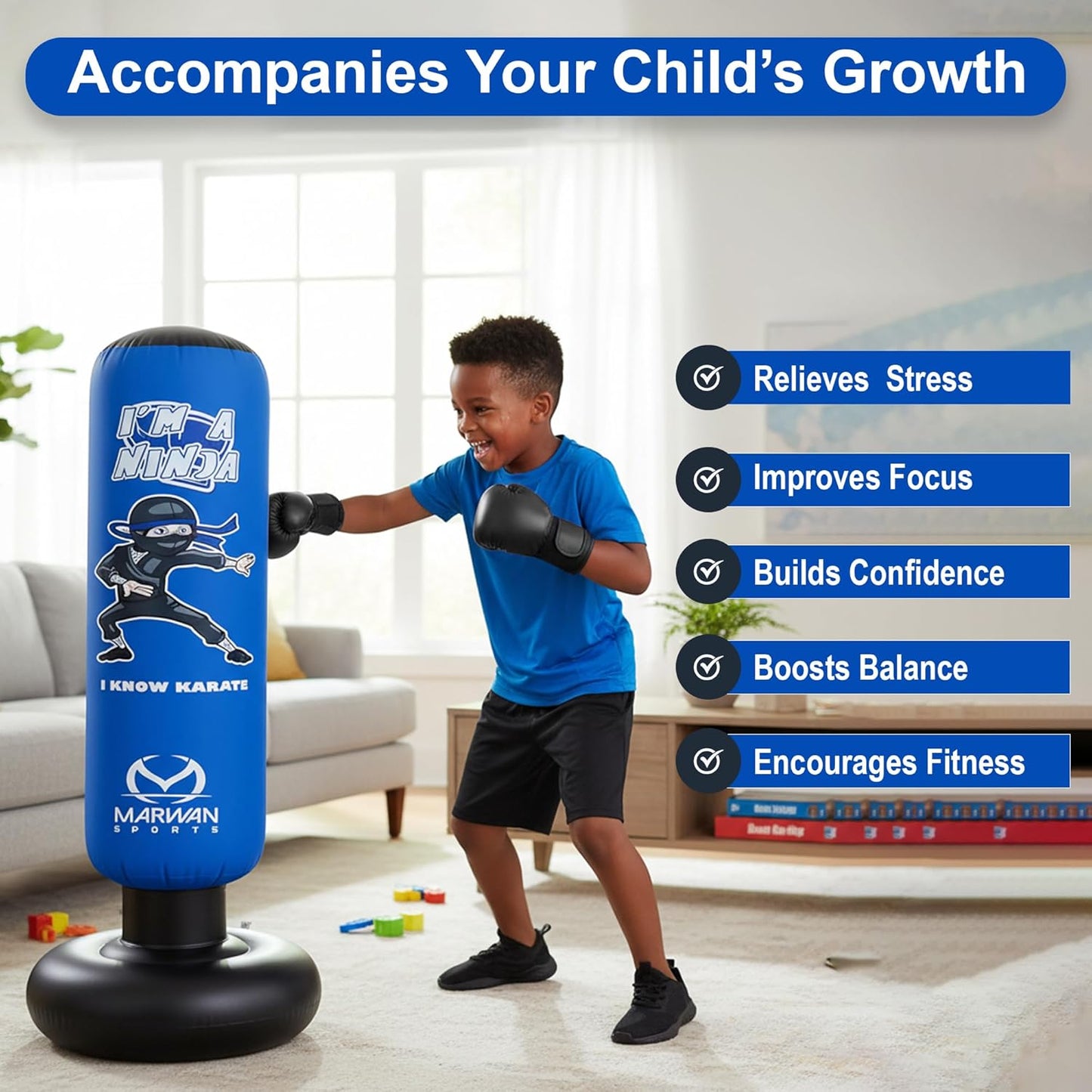 Marwan Sports 5-in-1 Kids Punching Bag Set with Gloves, Pump & Funnel – 63” Inflatable Boxing Bag for Kids 4-12, Durable PVC, Fast Rebound, Waterproof Base Cover with Handles, Gift for Boys & Girls