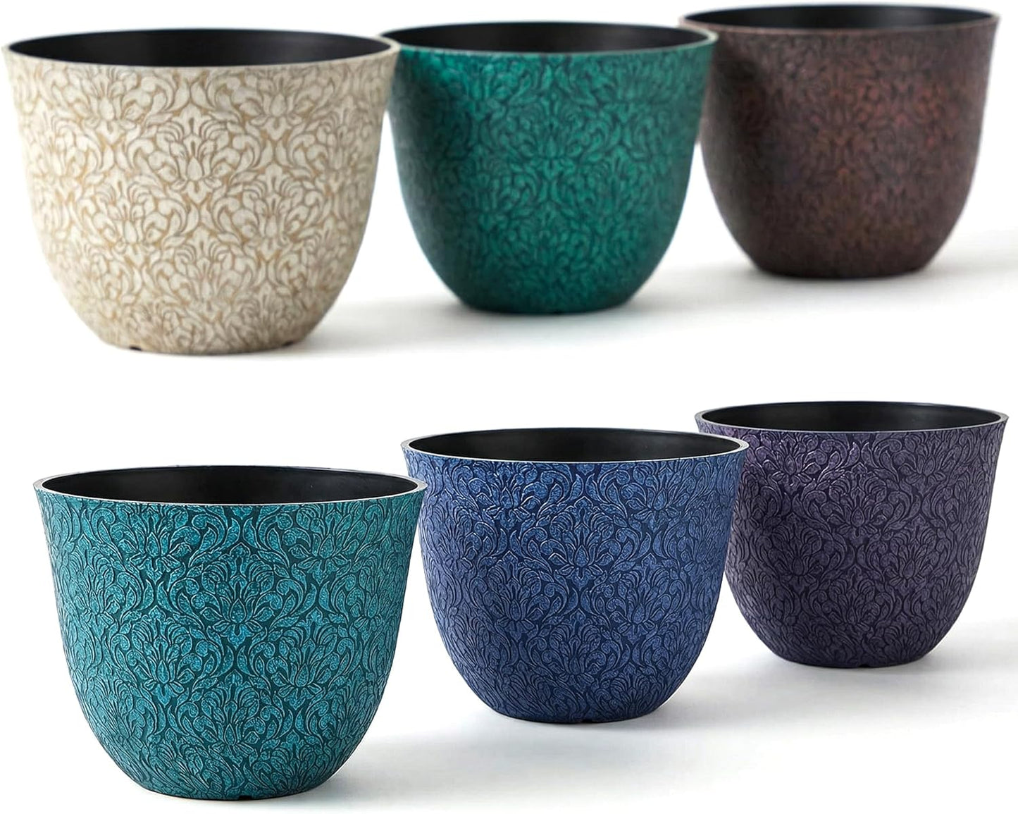 Worth Garden Plastic Round 8" Plant Pots for Indoor Plants - Set of 6 Multicolor Small Flower Pots W/Drainage Hole and Rubber Plug - Home Christmas Decorative planters Retro Floral Pattern