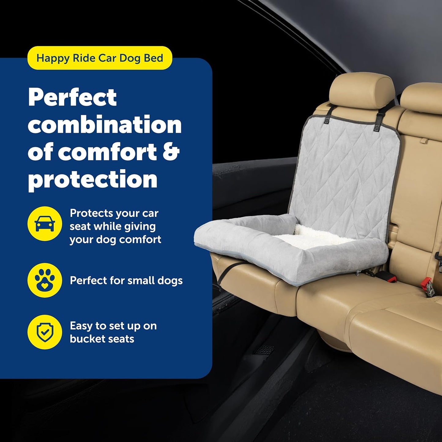 PetSafe Happy Ride Car Dog Bed - Best for Bucket Seats - Fits Cars, Trucks, Minivans and SUVs - Comfortable and Machine Washable - Durable Vehicle Pet Bed - Grey