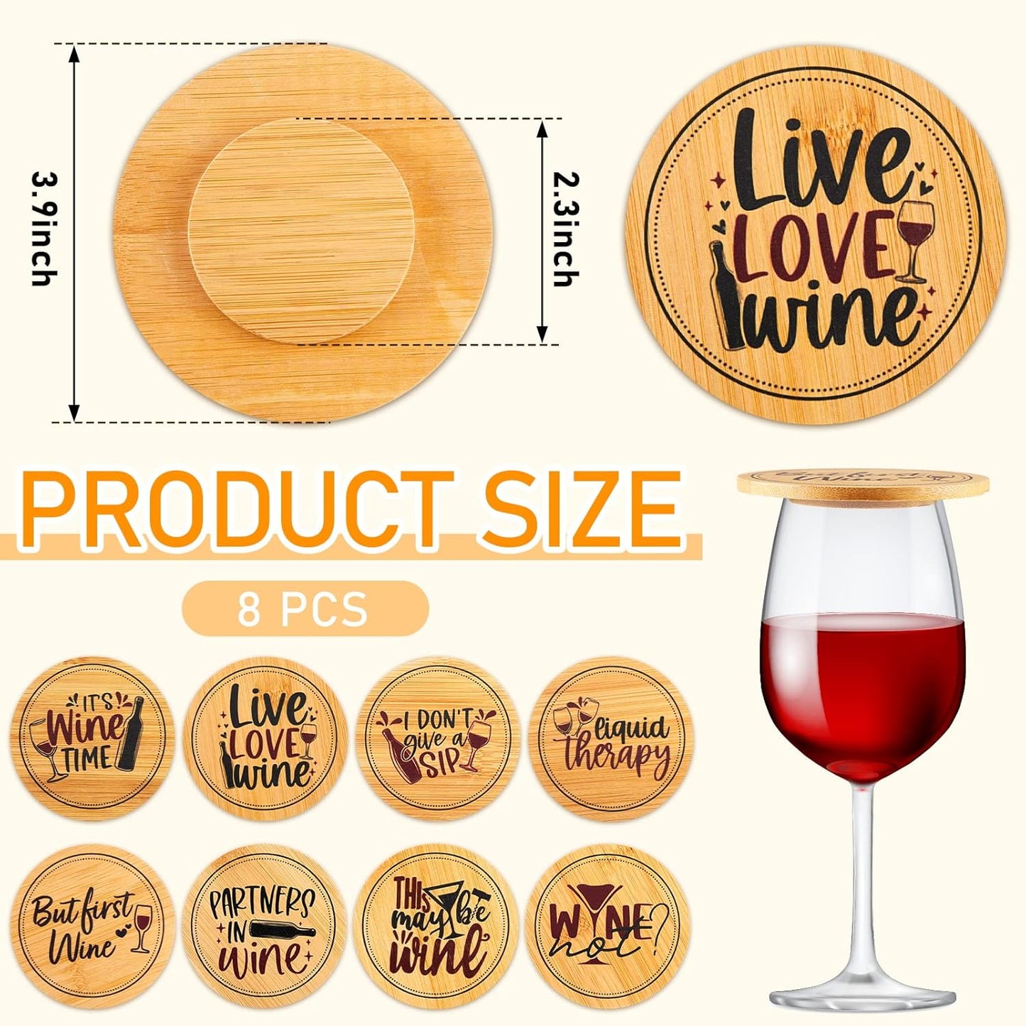 Tessco for you 8 Pcs Wine Glass Covers Funny Wood Charcuterie Drinking Glass Covers to Keep Bugs out Bamboo Water Toppers Keeps Debris out for Outdoor Party Wine Housewarming Gifts (Fresh)