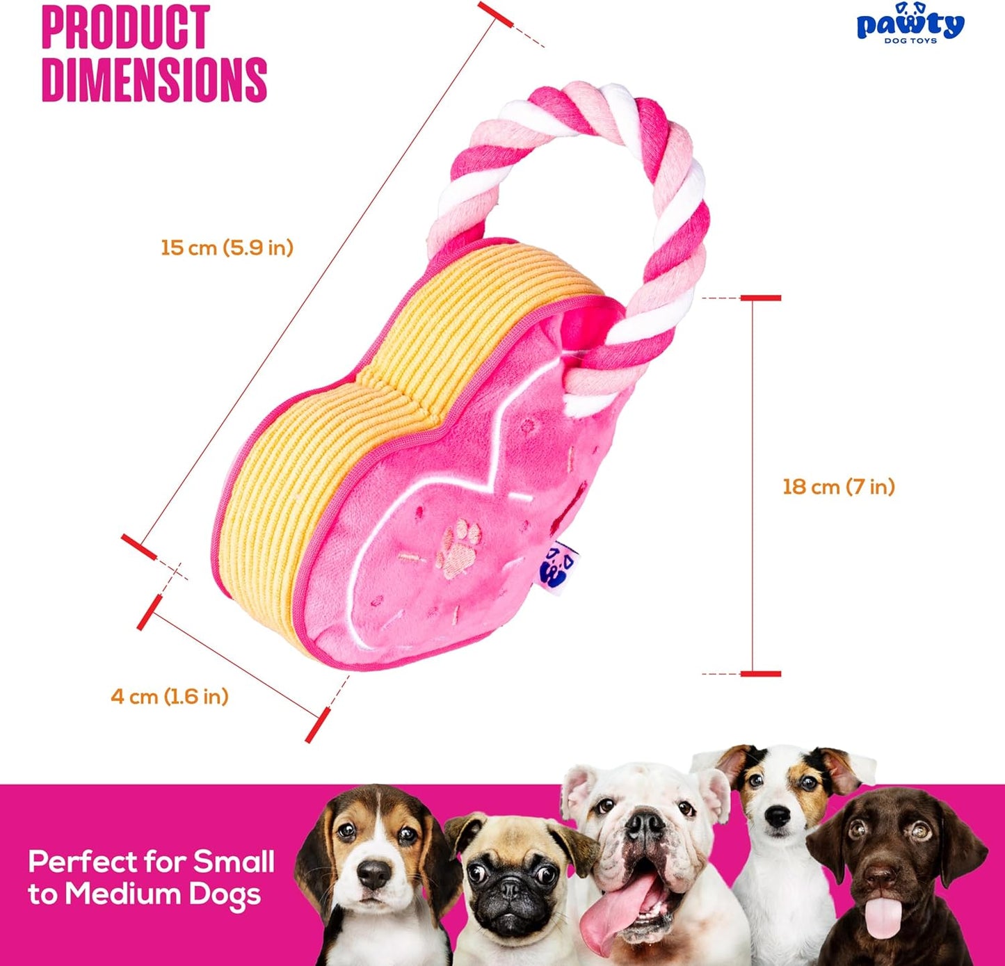 PAWTY Love Heart Dog Toy - Plush Valentine's Gift with Squeaker - Interactive Tug Rope Chew Toy for Small & Medium Dogs - Cute Pink Dog Toy for Birthday, Teething & Playtime - Durable & Adorable