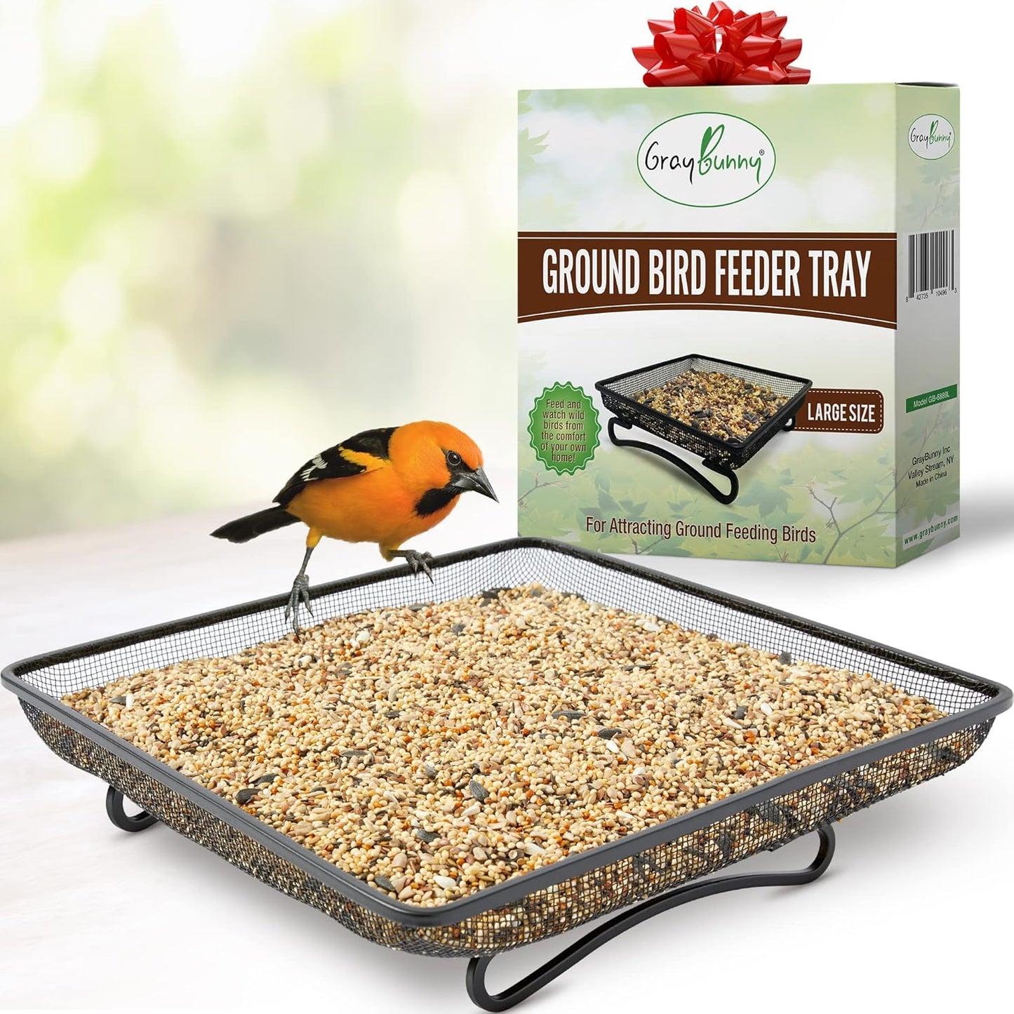 Gray Bunny Ground Bird Feeder Tray - Metal Platform Mesh Seed Tray for Standing Bird Feeders - Great Attracting Garden Yard Decoration for Wild Birds Squirrels Dove Cardinal Blue Jay Crows (11x11in)