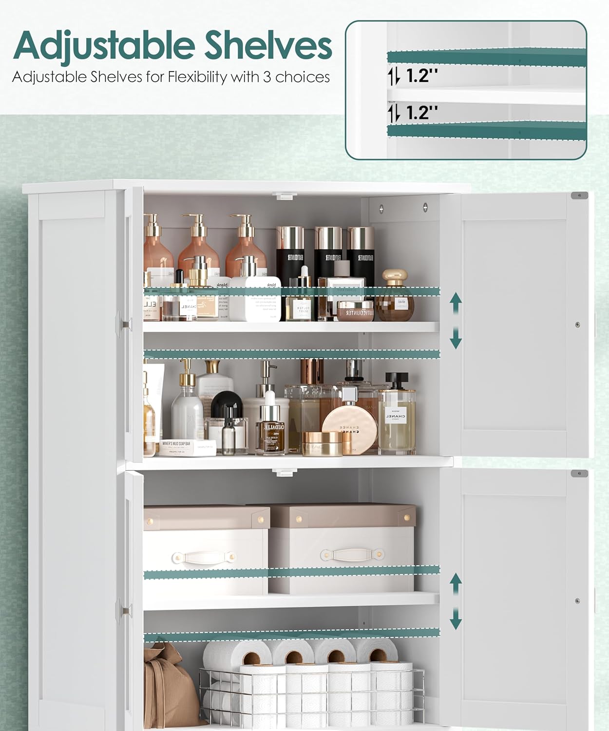 63" H Tall Bathroom Storage Cabinet, Linen Floor Cabinet with 6 Doors and Adjustable Shelves, Pantry Storage Cabinet for Bathroom, Living Room, Laundry Room, Kitchen, White