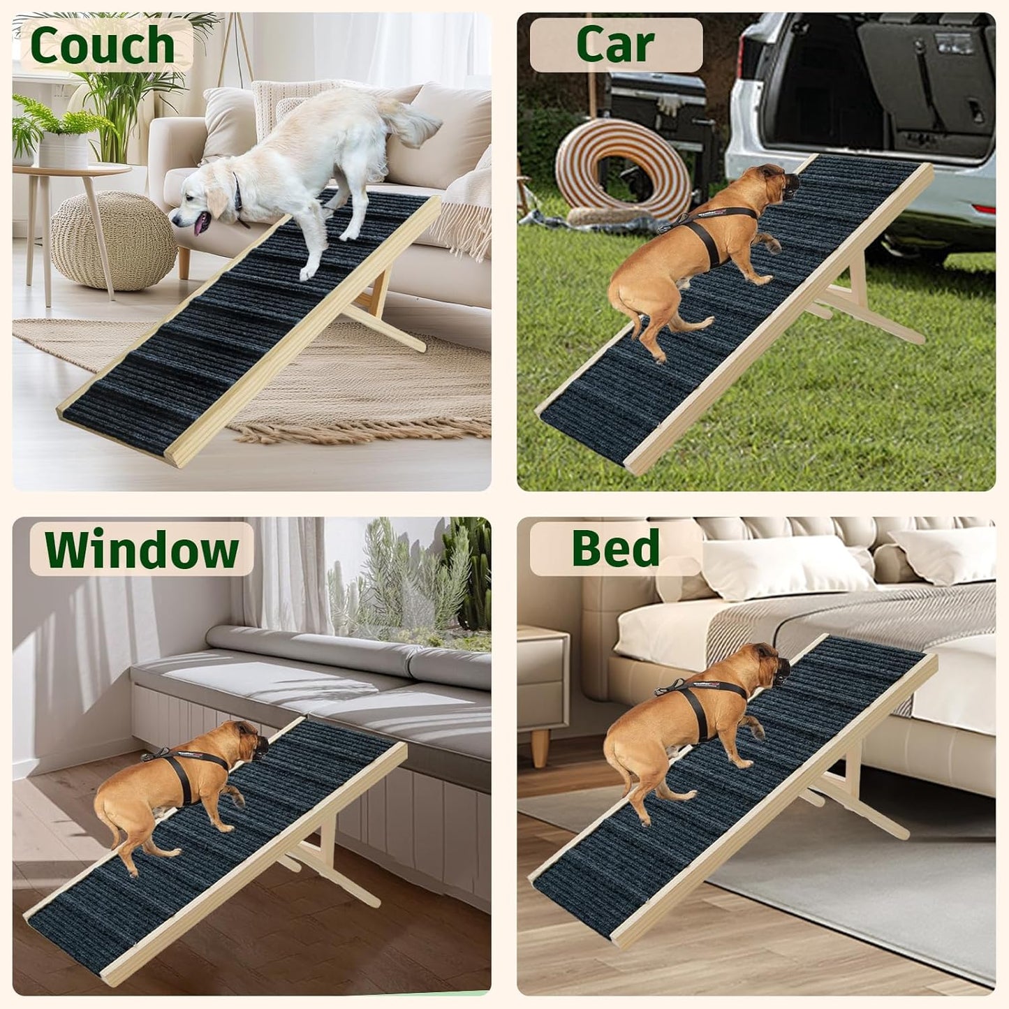 Dog Ramp for Bed, 43.5" Long Wooden Foldable Dog Ramp, 6 Adjustable Heights from 14" to 26" with Anti-Slip Traction Mat, Portable Pet Ramp for Car, Bed, Couch, Max 200lbs - 43.5inch