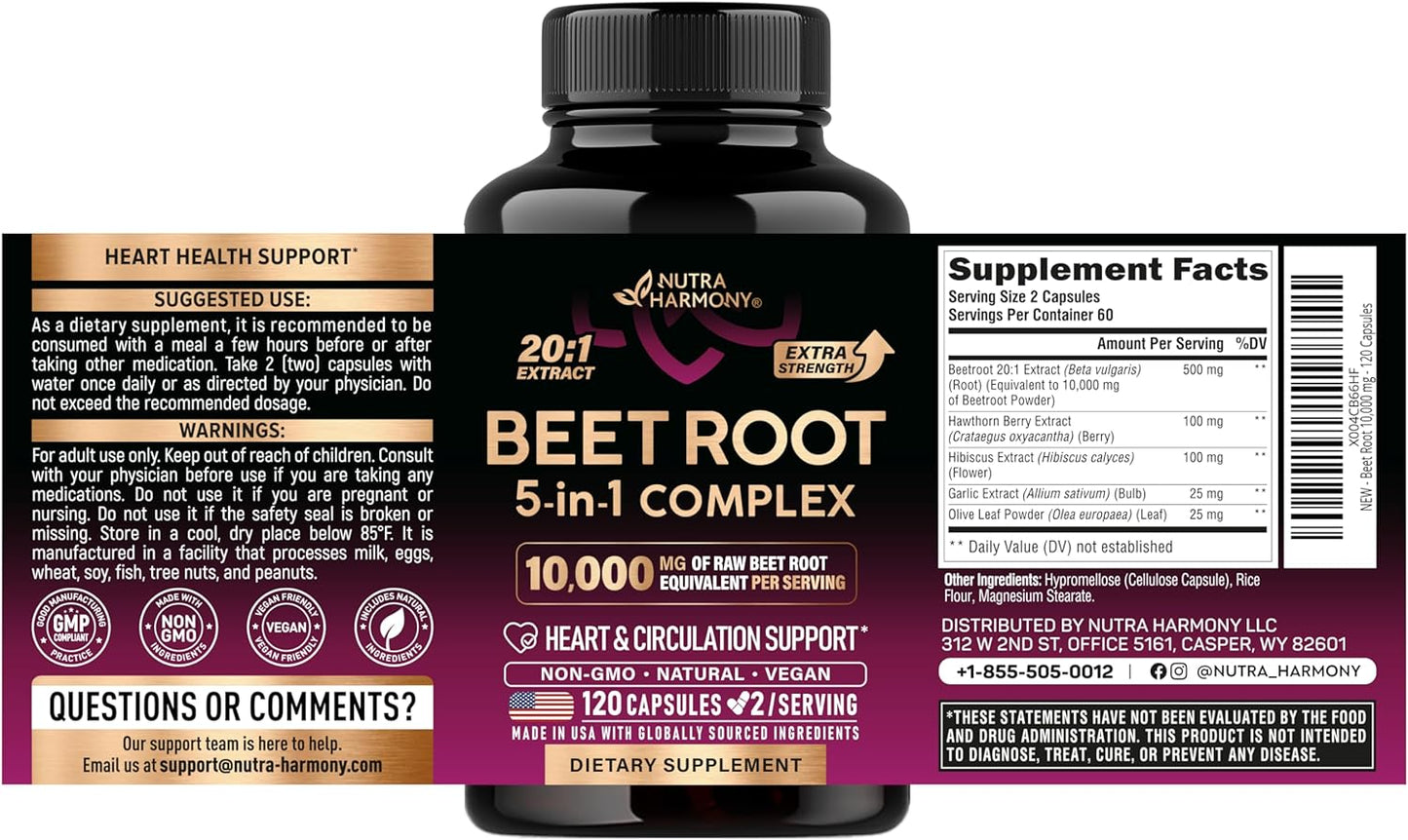 Beet Root 5-in-1 Complex Capsules - Healthy Blood Pressure Support Supplement** for Heart & Circulation Support - Olive Leaf, Hawthorn Berry & Hibiscus - for Men & Women - Made in USA, 120 Capsules