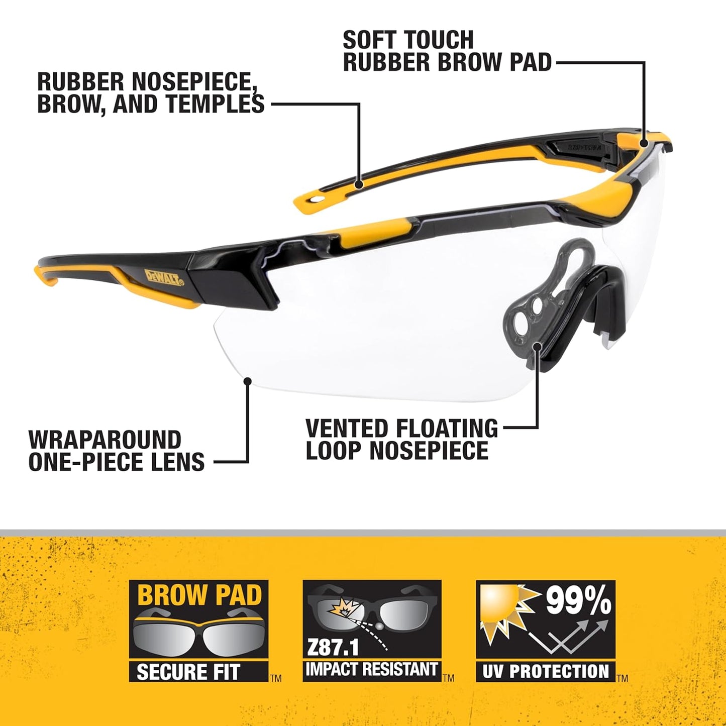 DEWALT DPG110 Chisel Unisex Trim-Fit Half Frame Protective Eyewear, Black Frame Clear Lens