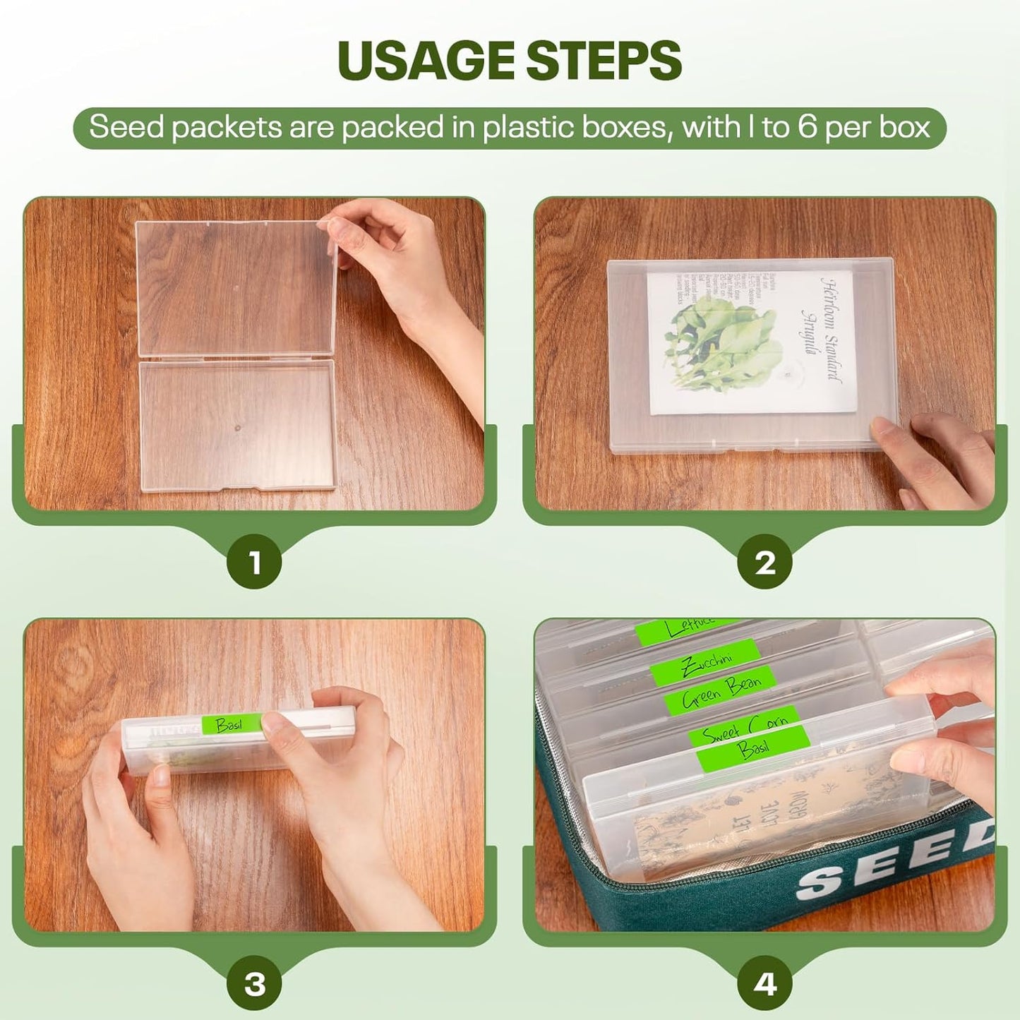 22 Slots Seed Storage Organizer Box with & 30 Seed Envelopes, Large Capacity Seed Packet Organizer Case with Labels, Portable Waterproof Garden Seed Storage Kit for Vegetable Flower Seeds, Green