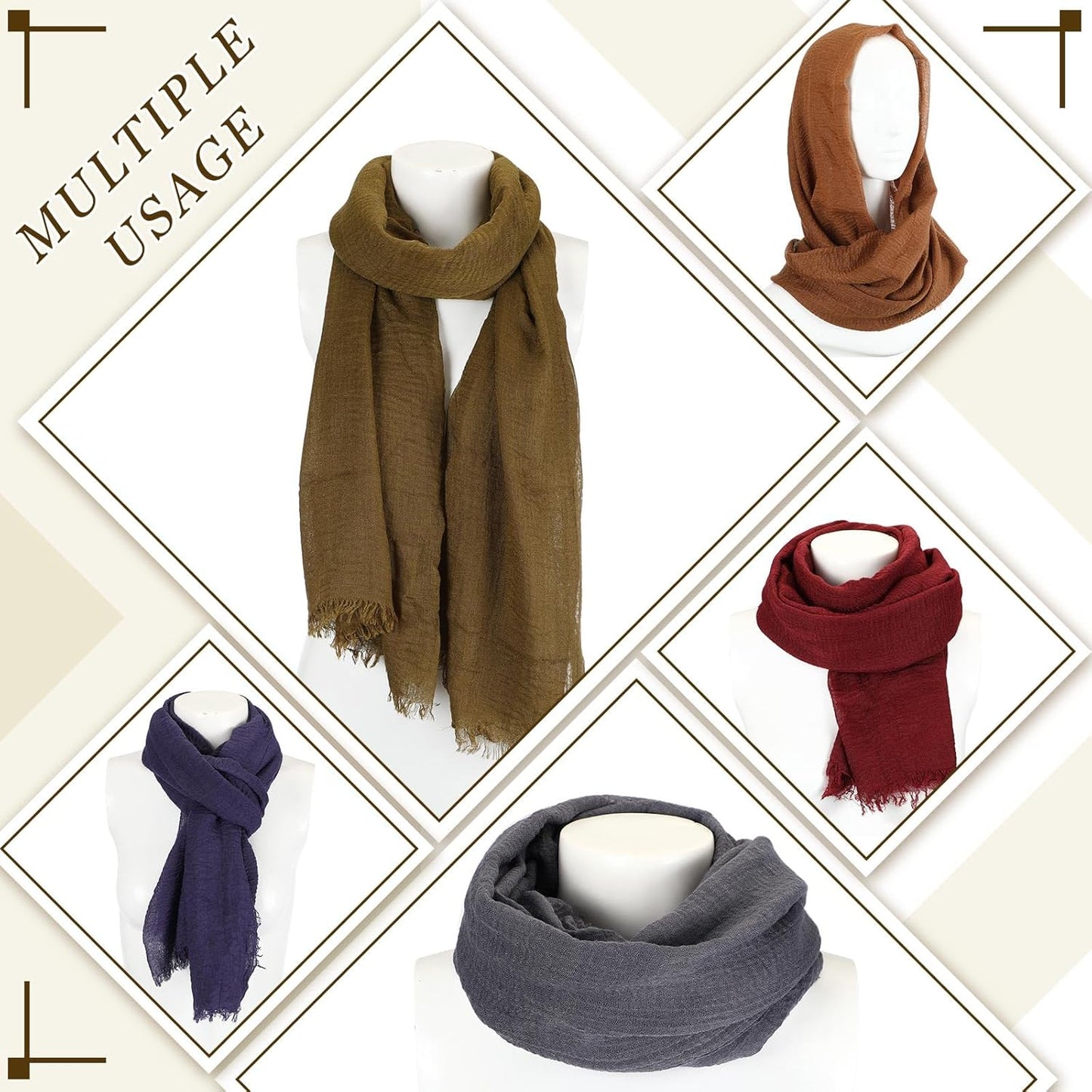 Geyoga 6 Pcs Women Scarf Shawl Hijab Scarves Cotton Crinkle Hijab for Women Blend Shawl Crinkle Wrap Head for Seasons
