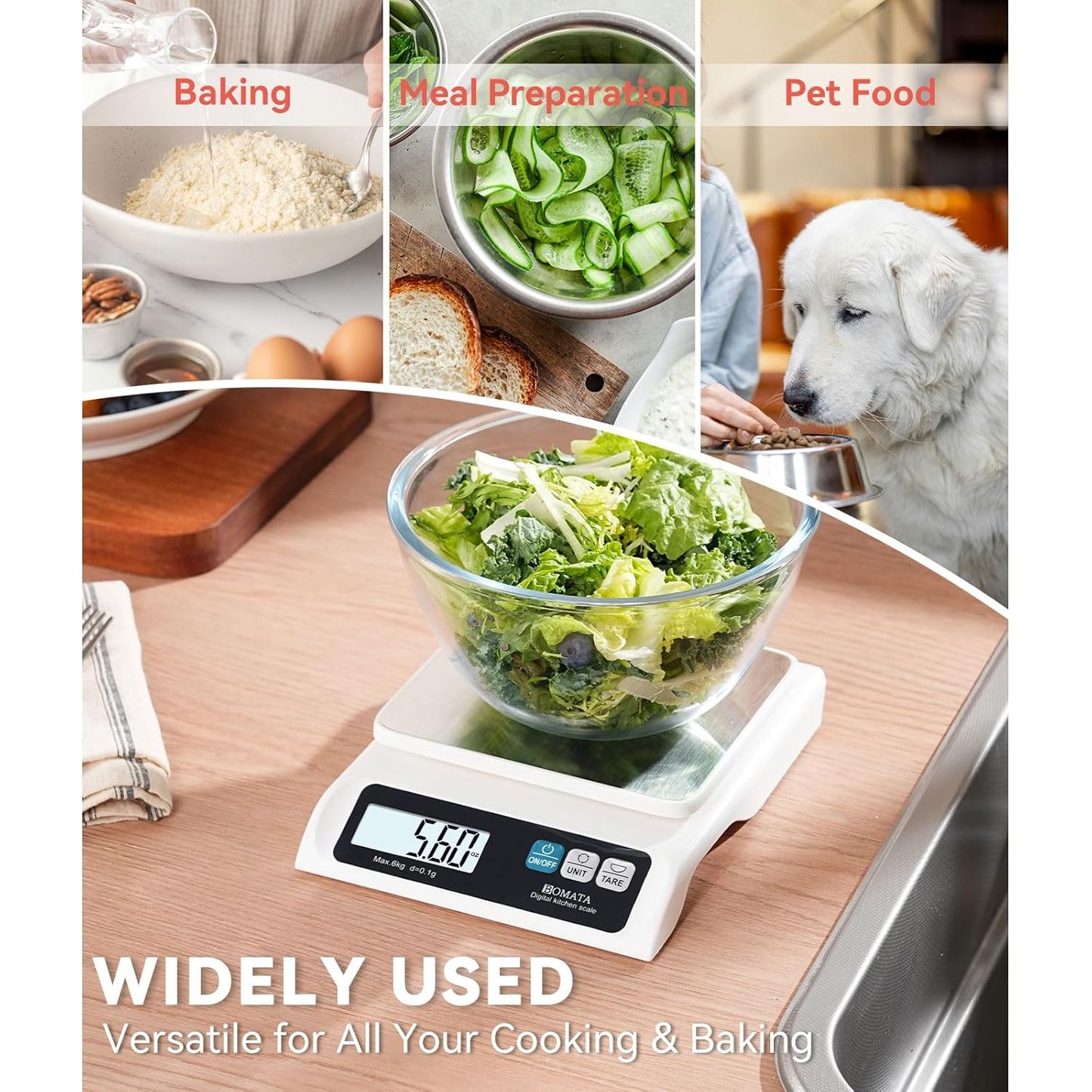 BOMATA 0.1g/ 13lb Food Scale, Digital Kitchen Scale with Removable Stainless Steel Pan, Backlit LCD Display, for Cooking, Baking B621 White