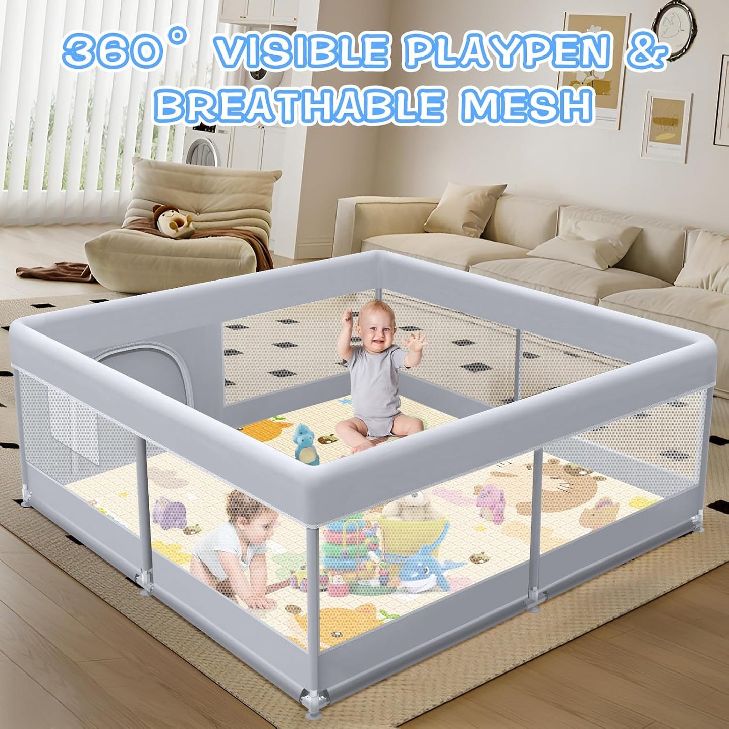 Baby Playpen with Mat, 50x50 Inch Play Pen, Playpen for Babies and Toddlers, Baby Playard for Indoor & Outdoor Active Center Game Fence, with Skin-Friendly Fabric and Soft Breathable Mesh