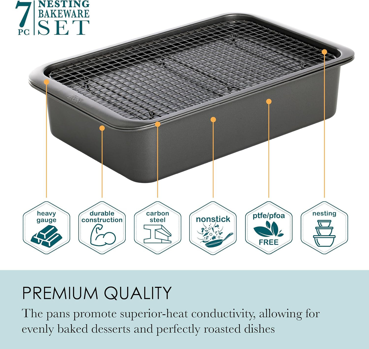Chicago Metallic 7-Piece Nesting Bakeware Set - Carbon Steel Nonstick Baking Sheet, Loaf Pan, Muffin Pan, Cake Pan, Roaster and Cooling Rack - Space-Saving Kitchen Essentials
