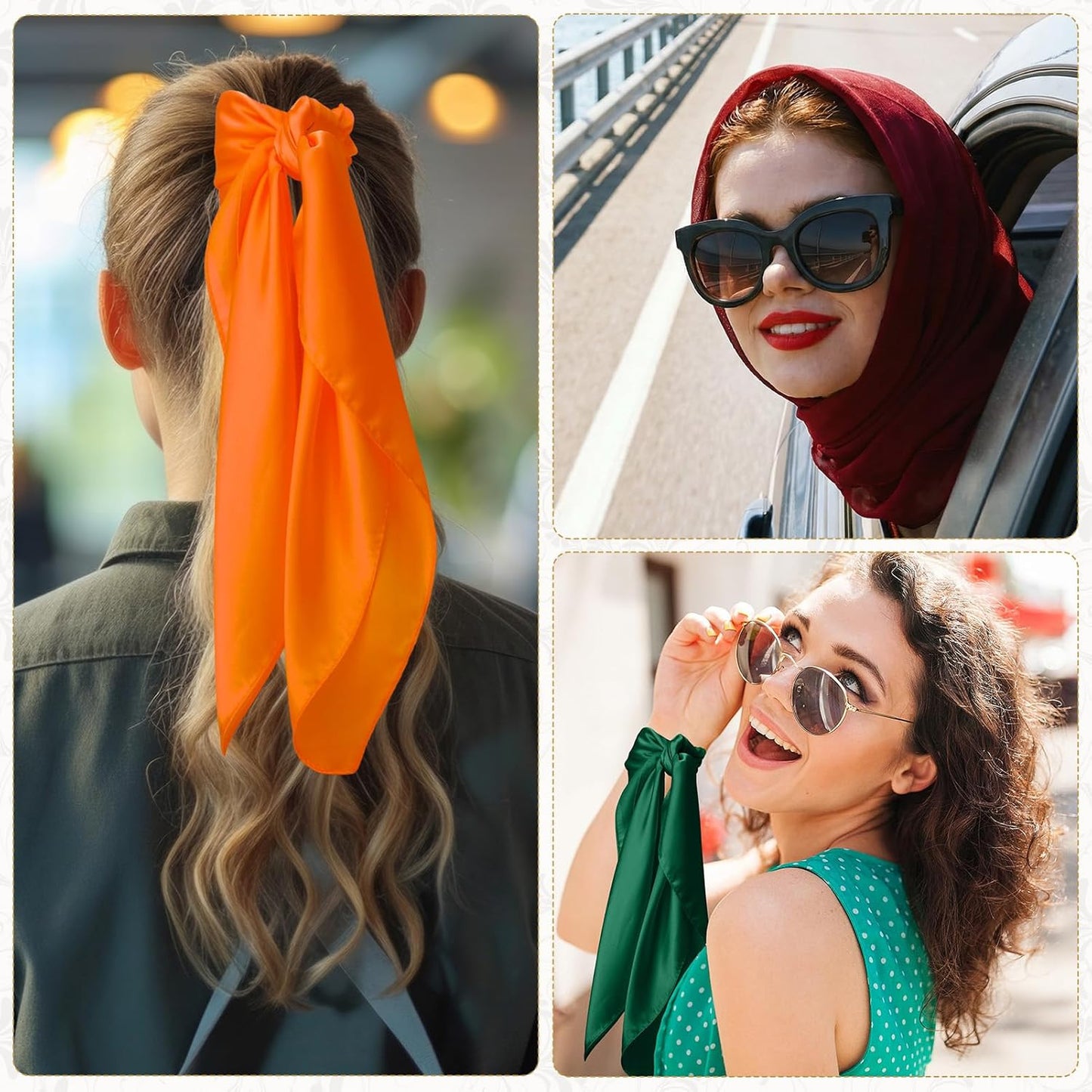 JATEBI 27''/35'' Women Large Satin Scarf Silk Feel Square Wraps Big Hair Bandanas Vintage Print Solid Color Bandana Scarves