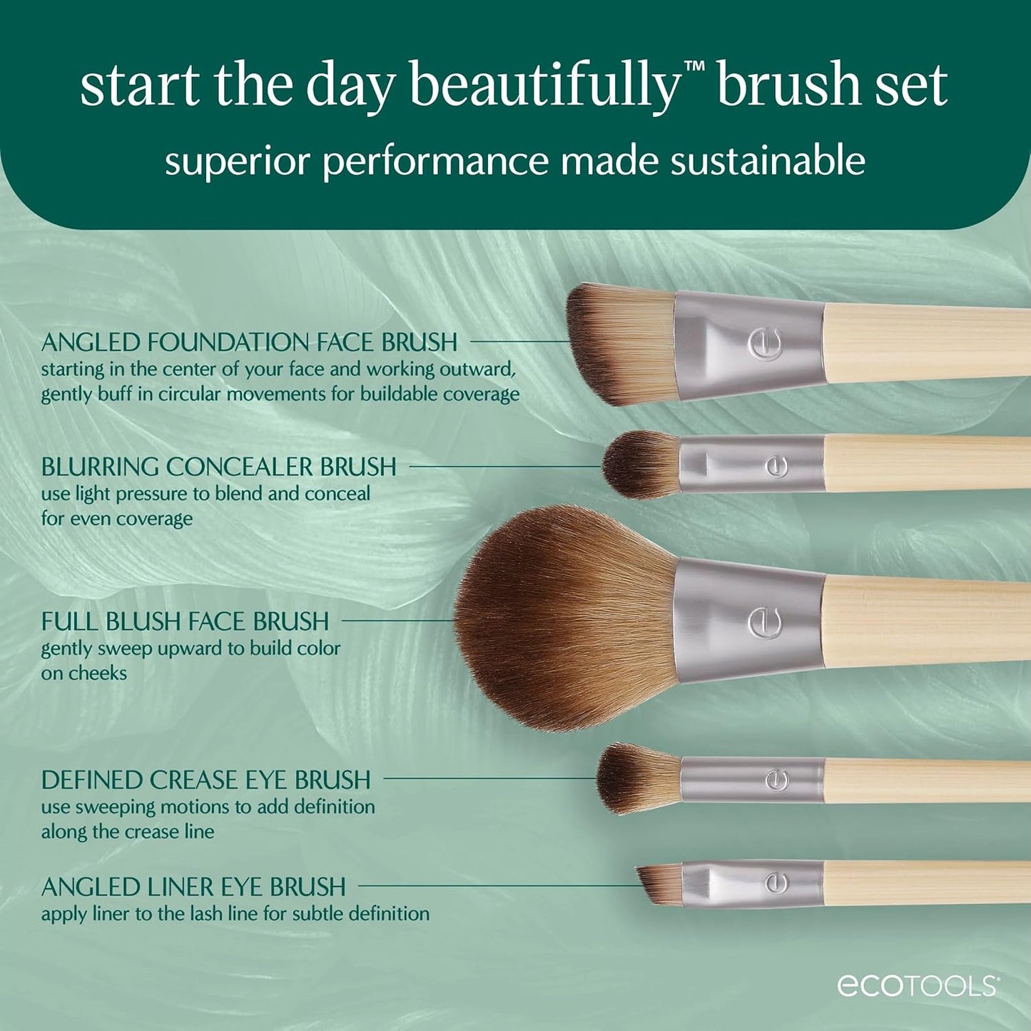 EcoTools 6 Piece Start The Day Beautifully Makeup Brush Set, Makeup Brushes For Eyeshadow, Blush, Concealer, & Foundation Application, Eco-Friendly, Gift Set, Synthetic Hair, Vegan & Cruelty-Free