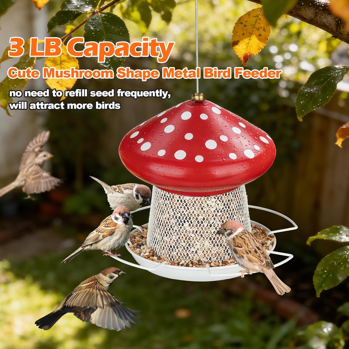 Bird Feeder, Heavy Duty Metal Bird Feeders for Outdoor Hanging, Cute Mushroom Shape Wild Birdfeeder for Outside Garden Yard (Red)
